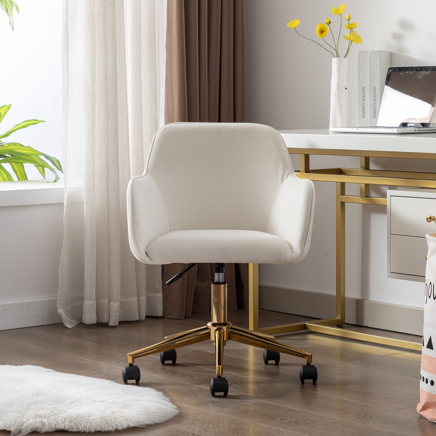 360° Revolving Modern Design Velvet Home and Office Chair with Metal Legs- Ivory_14