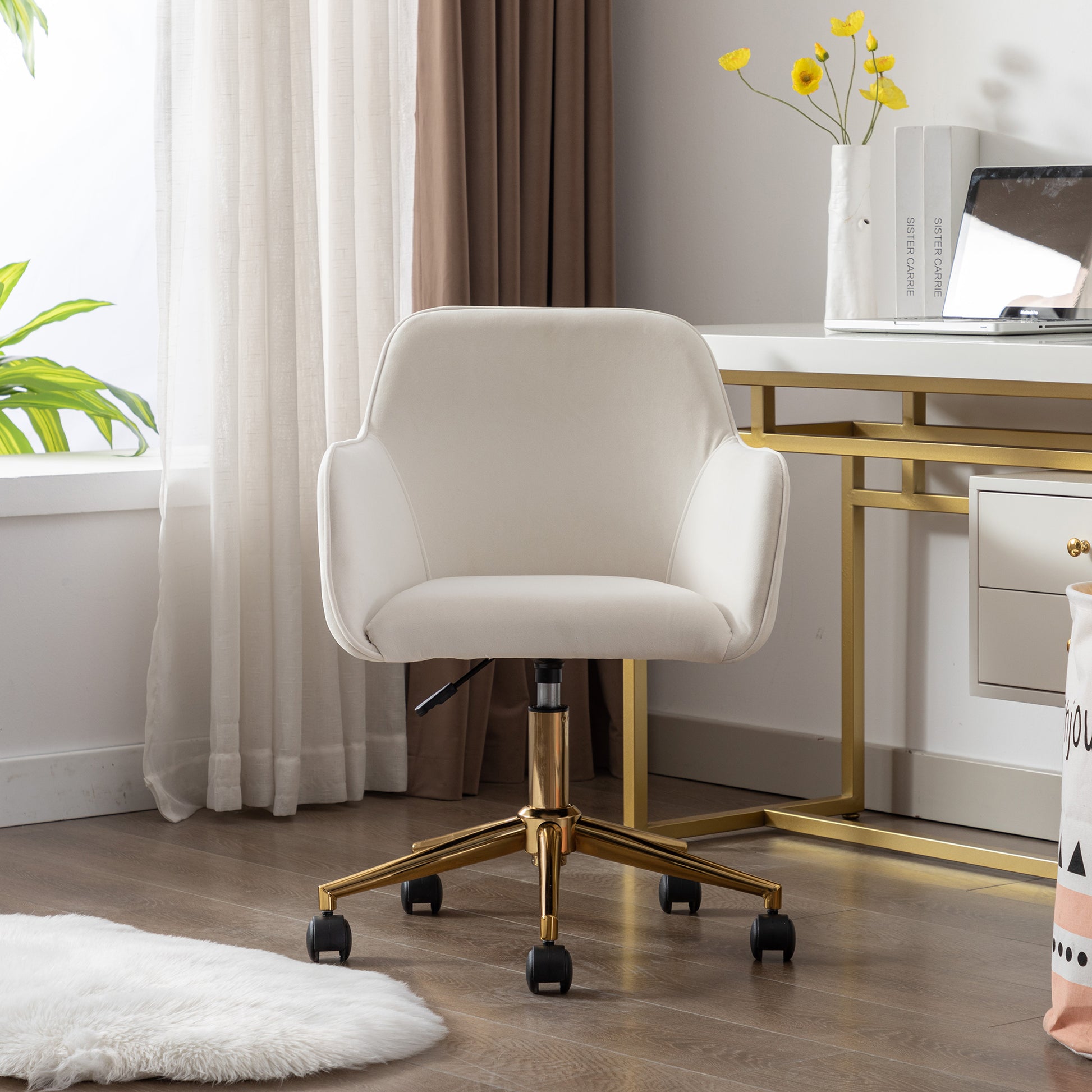 360° Revolving Modern Design Velvet Home and Office Chair with Metal Legs- Ivory_14