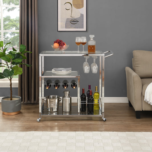Modern Bar Cart Glass Metal Frame Wine Storage-Silver_0