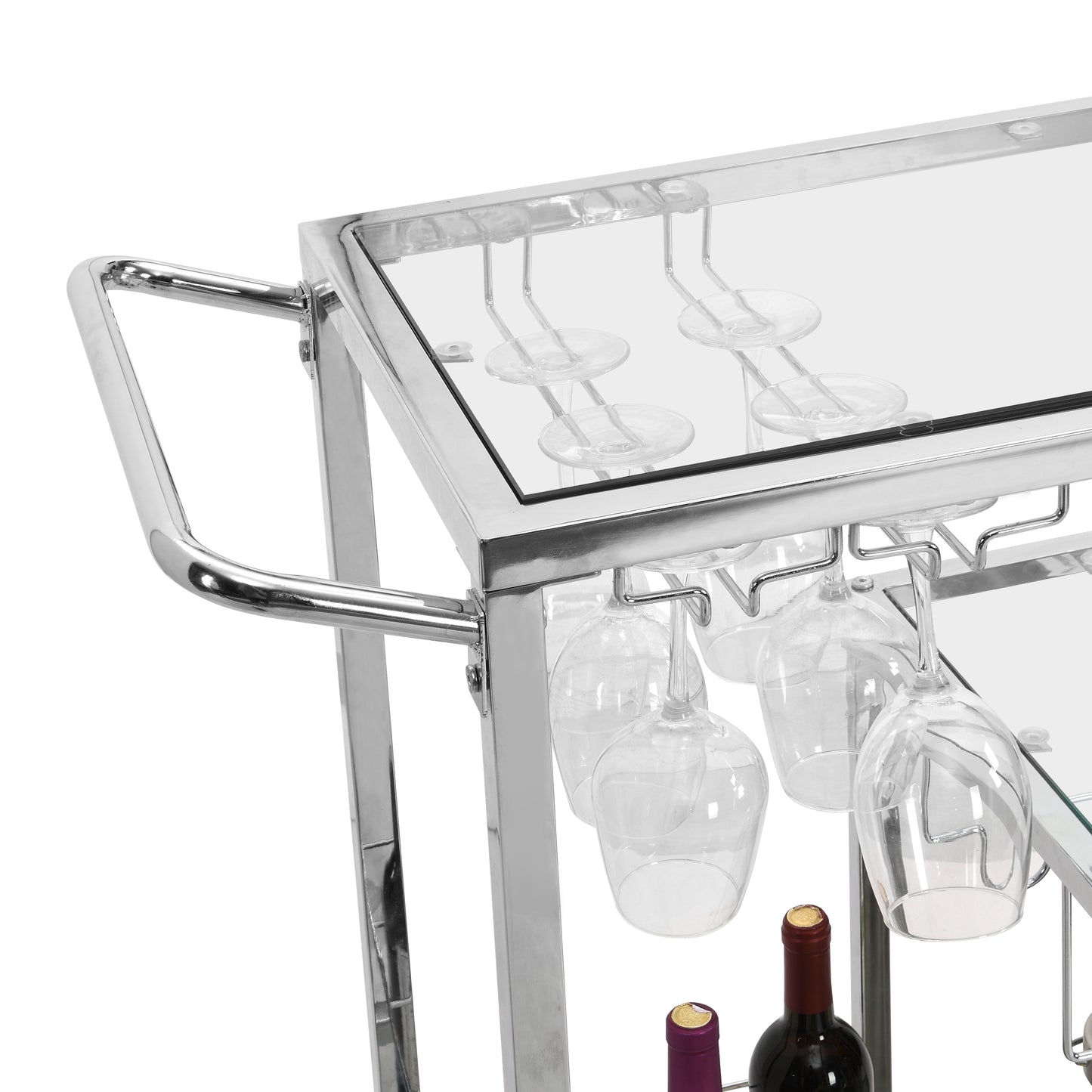 Modern Bar Cart Glass Metal Frame Wine Storage-Silver_9