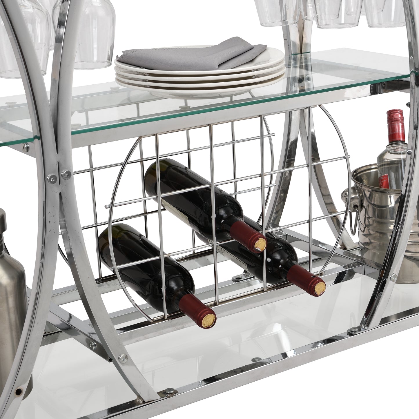 Bar Cart with Wine Rack Glass Metal Frame Wine Storage-Silver_8