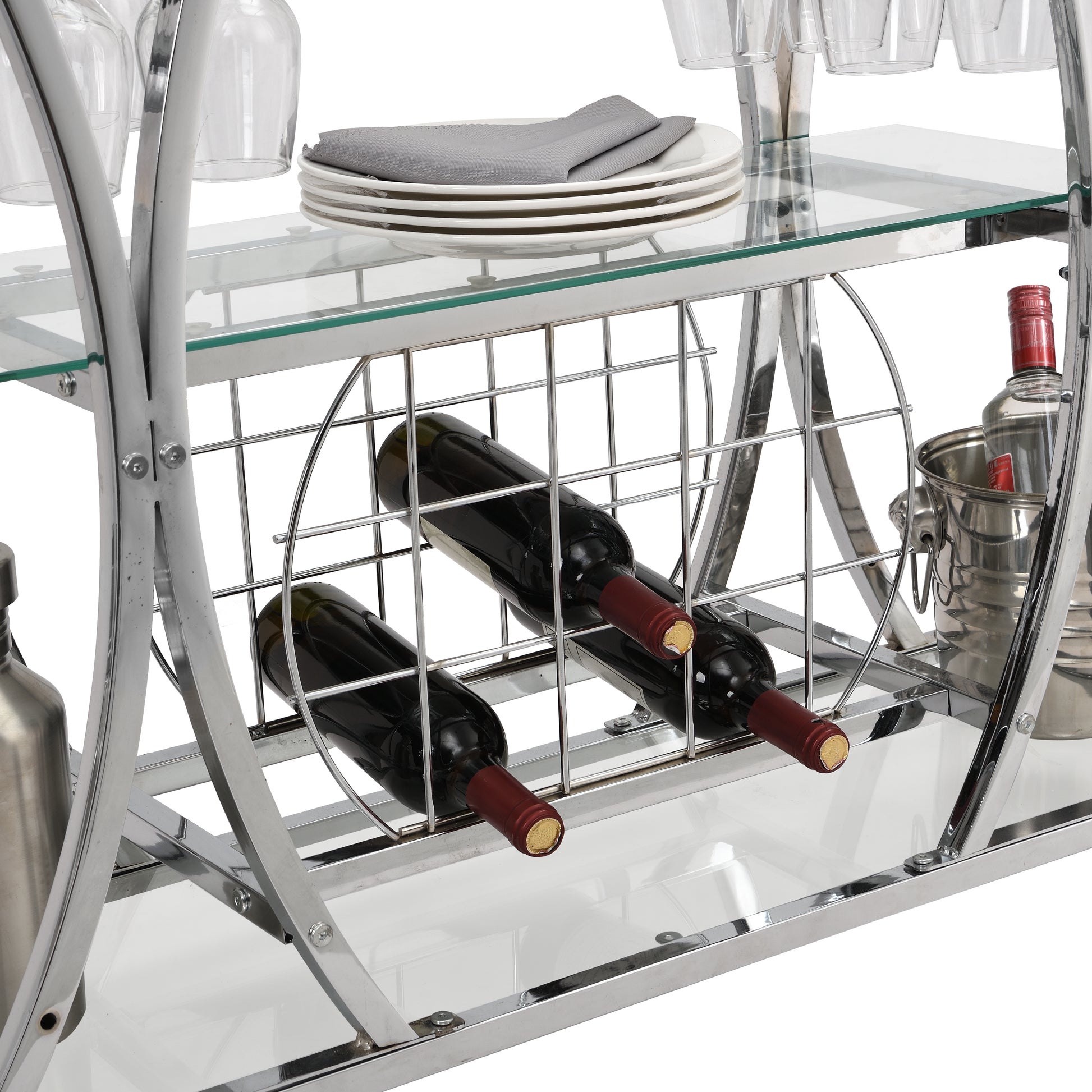 Bar Cart with Wine Rack Glass Metal Frame Wine Storage-Silver_8