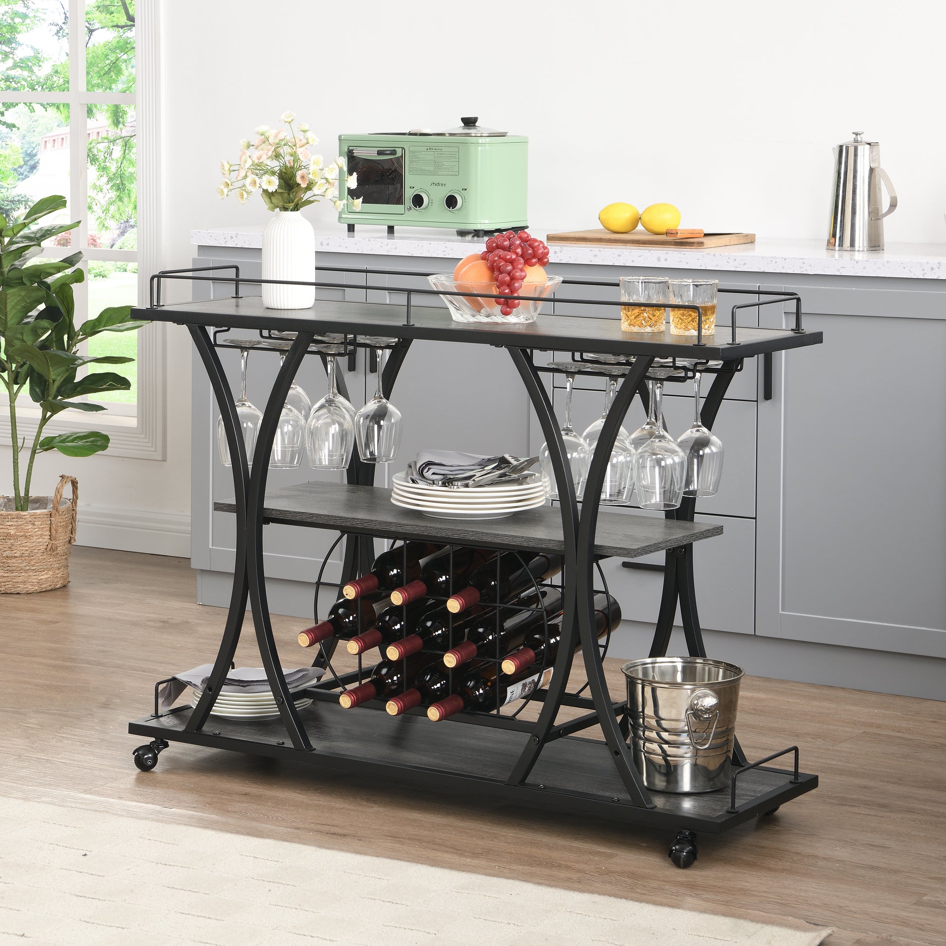 Kitchen 3 -Tier Storage Shelves Cart with Wine Rack-Black_2