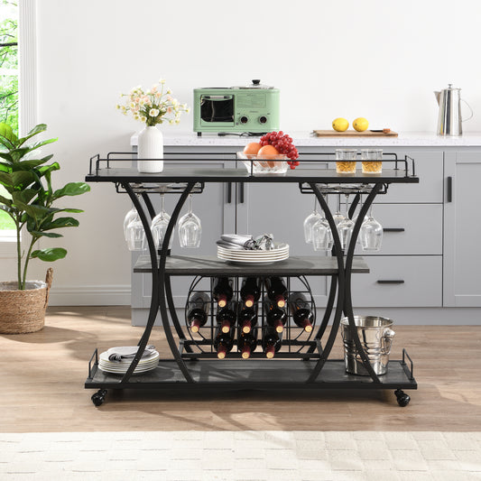 Kitchen 3 -Tier Storage Shelves Cart with Wine Rack-Black_0