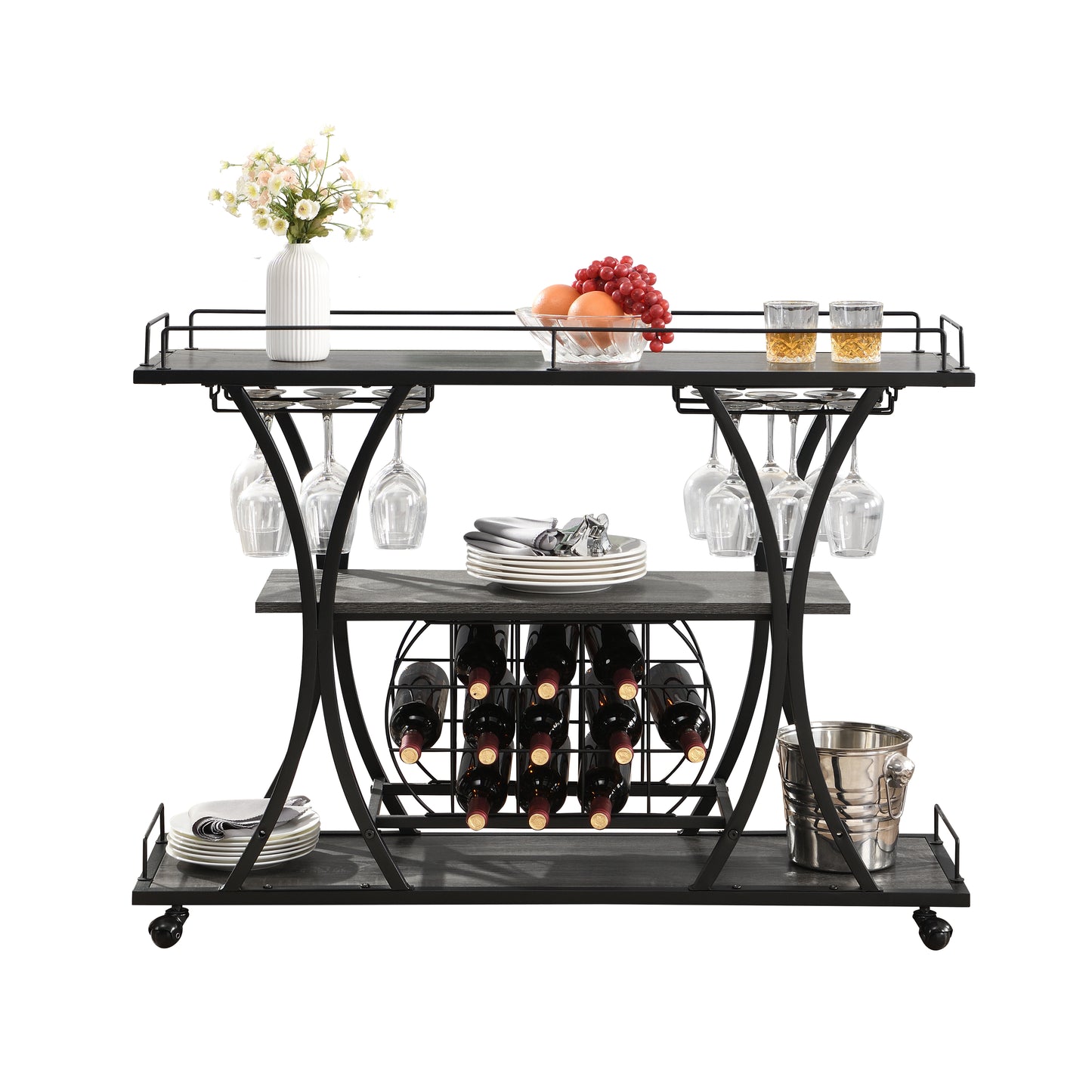 Kitchen 3 -Tier Storage Shelves Cart with Wine Rack-Black_6