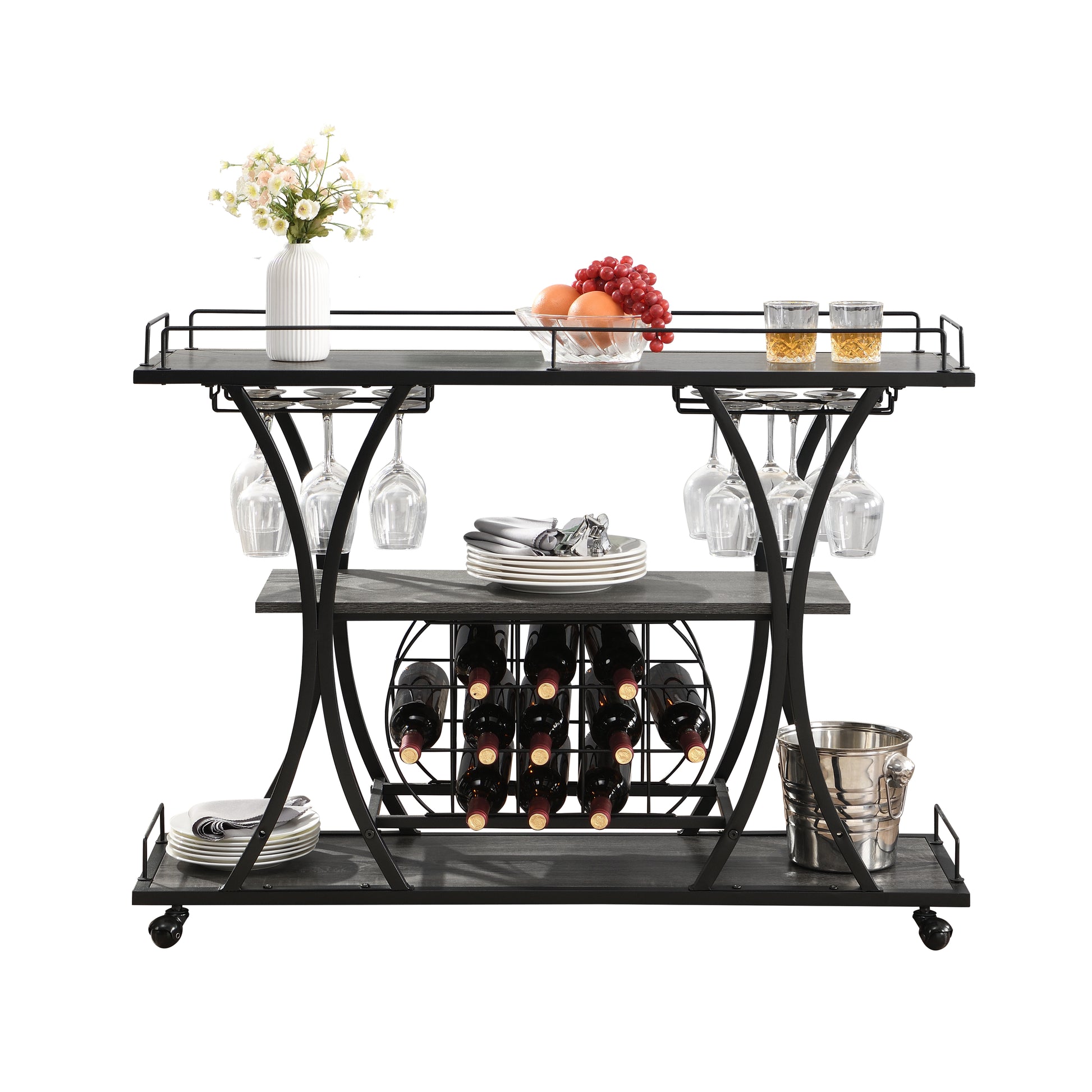 Kitchen 3 -Tier Storage Shelves Cart with Wine Rack-Black_6