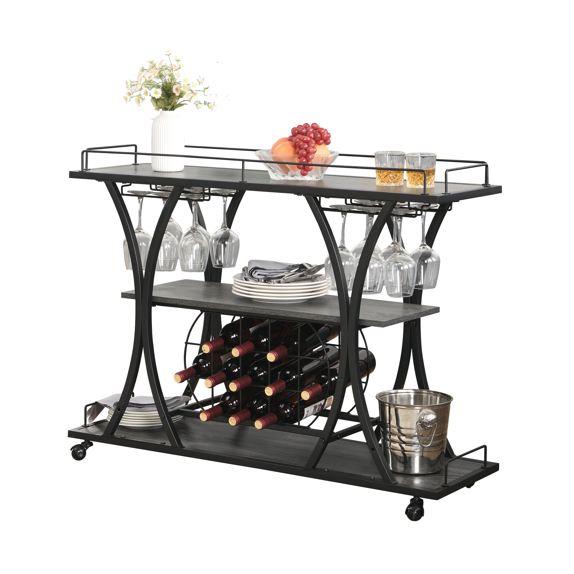 Kitchen 3 -Tier Storage Shelves Cart with Wine Rack-Black_8