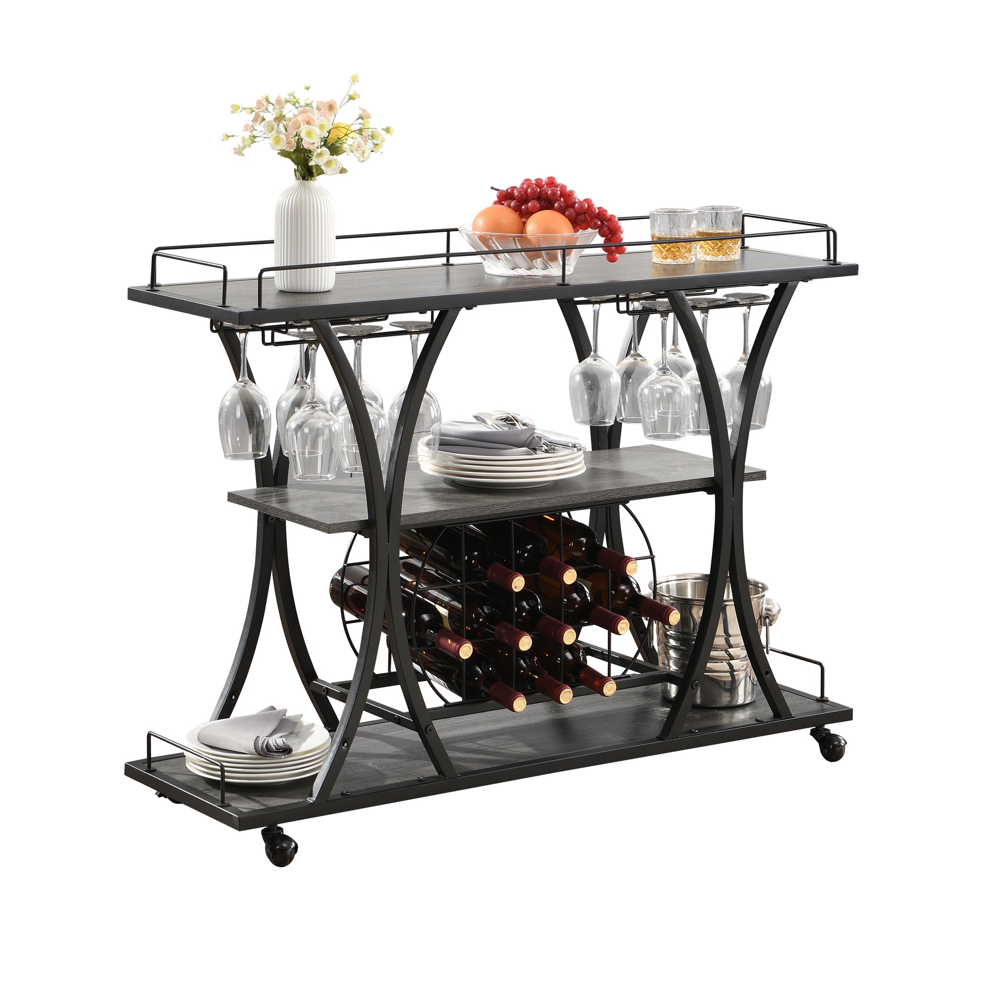 Kitchen 3 -Tier Storage Shelves Cart with Wine Rack-Black_7