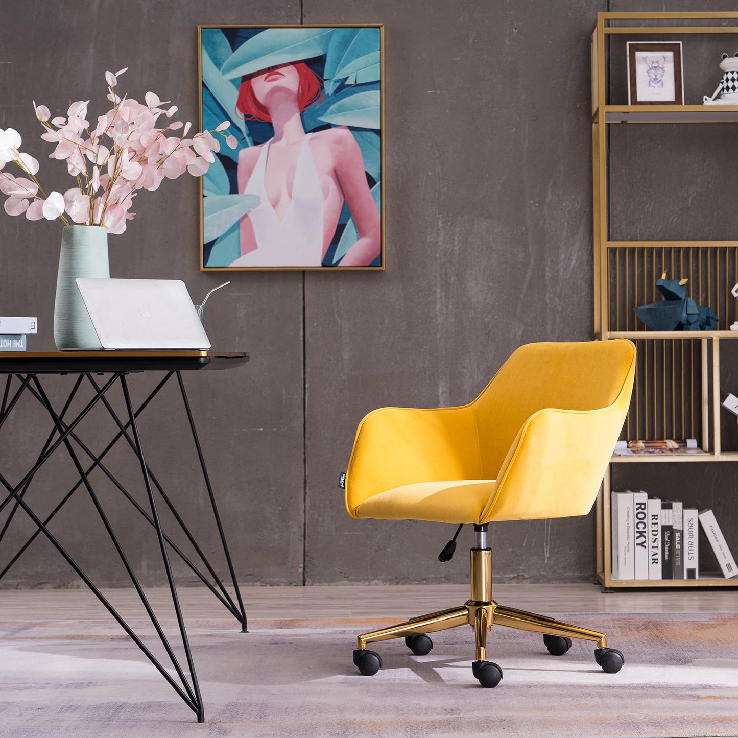 360° Revolving Modern Design Velvet Home and Office Chair with Metal Legs- Yellow_3