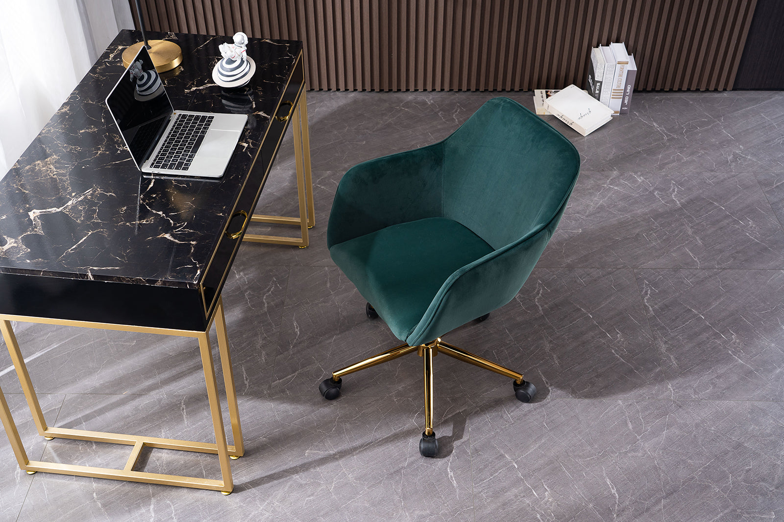 360° Revolving Modern Design Velvet Home and Office Chair with Metal Legs- Dark Green_1