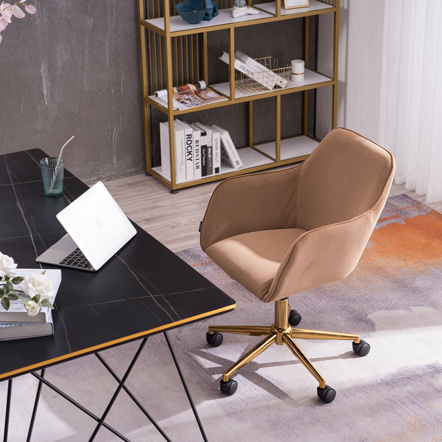360° Revolving Modern Design Velvet Home and Office Chair with Metal Legs- Light Coffee_1