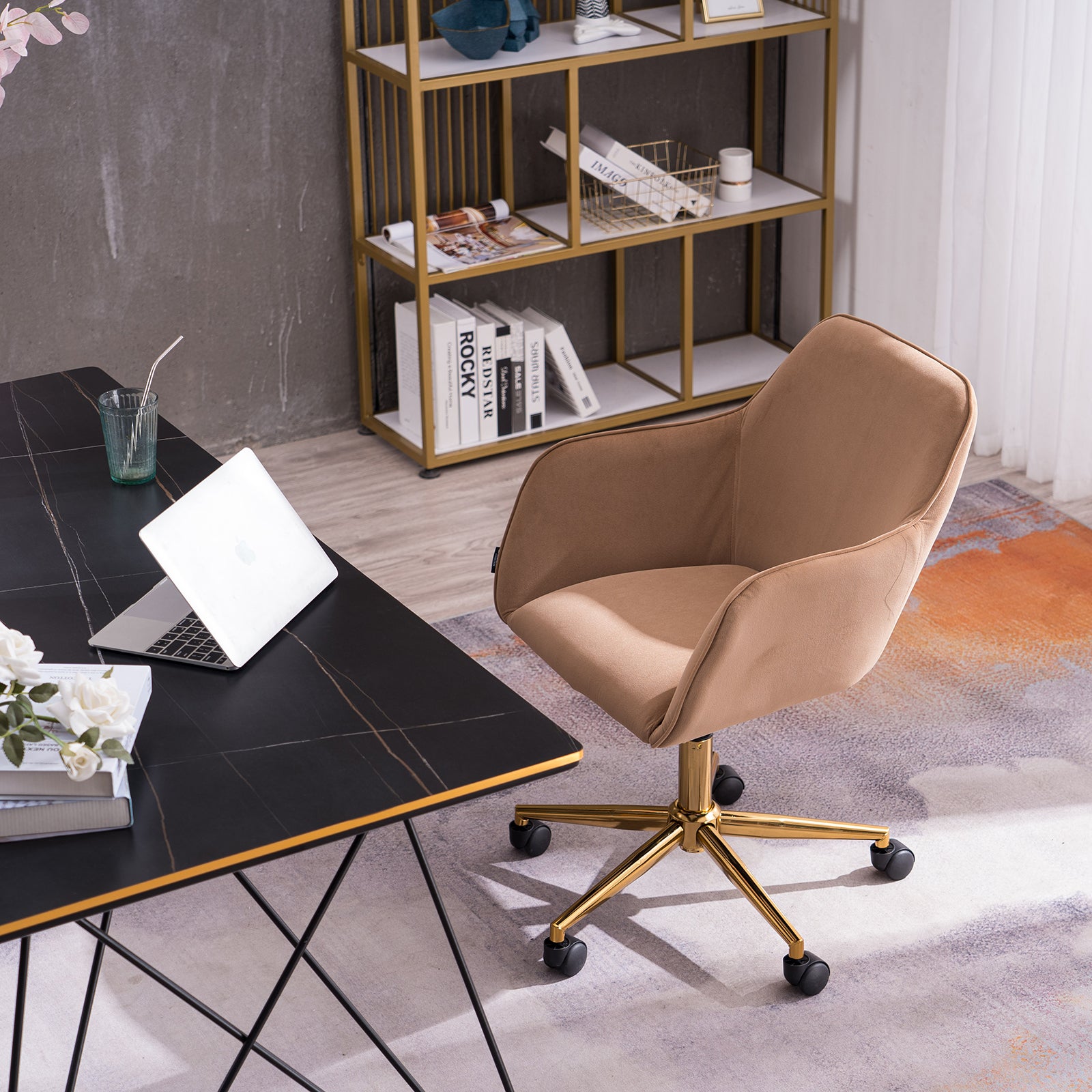 360° Revolving Modern Design Velvet Home and Office Chair with Metal Legs- Light Coffee_1