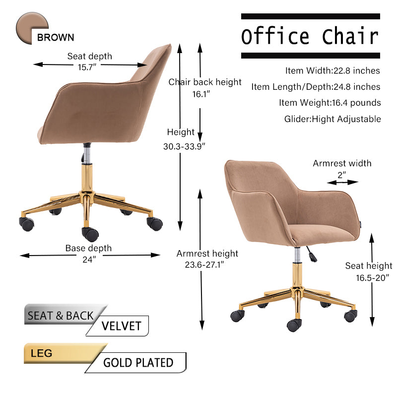 360° Revolving Modern Design Velvet Home and Office Chair with Metal Legs- Light Coffee_17