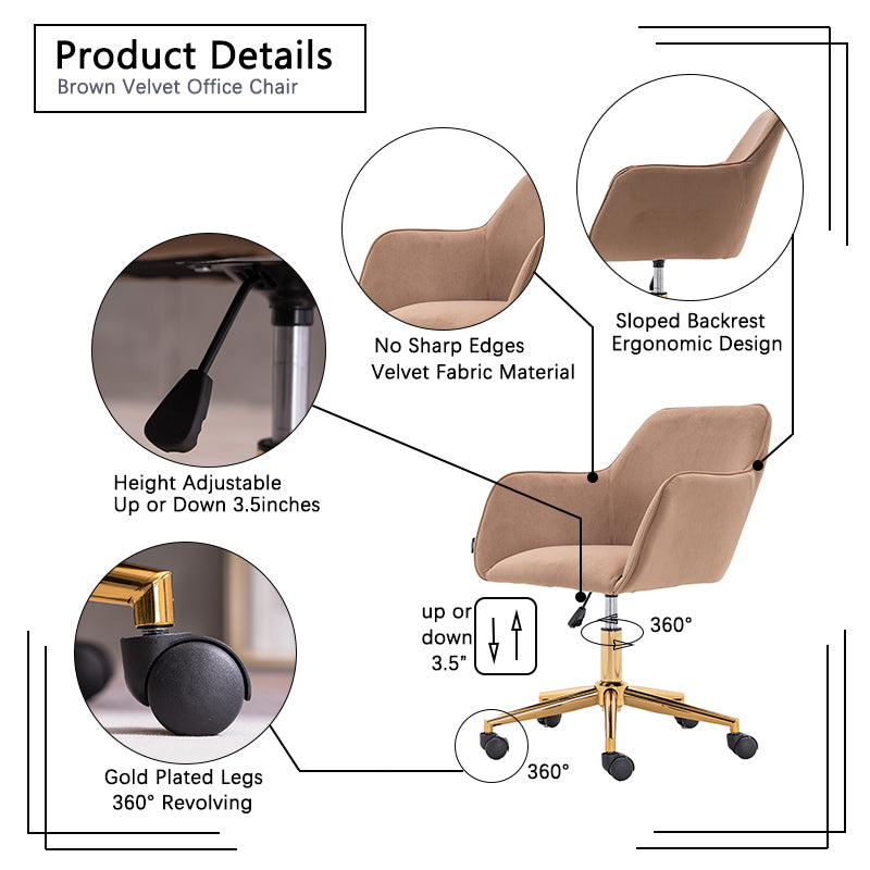 360° Revolving Modern Design Velvet Home and Office Chair with Metal Legs- Light Coffee_18