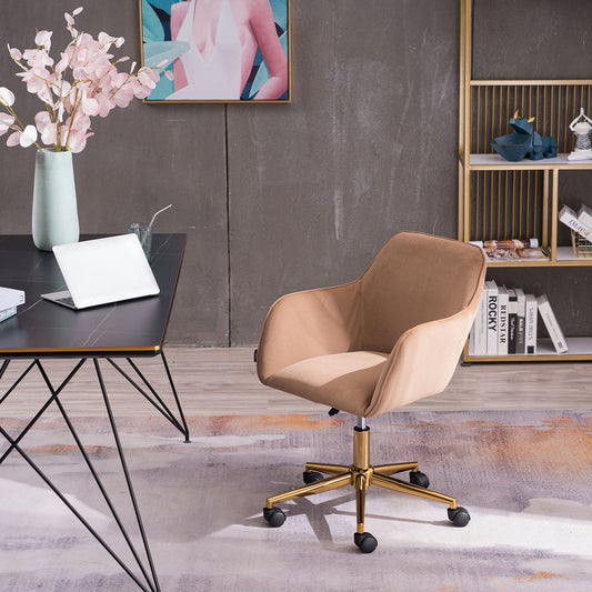 360° Revolving Modern Design Velvet Home and Office Chair with Metal Legs- Light Coffee_0