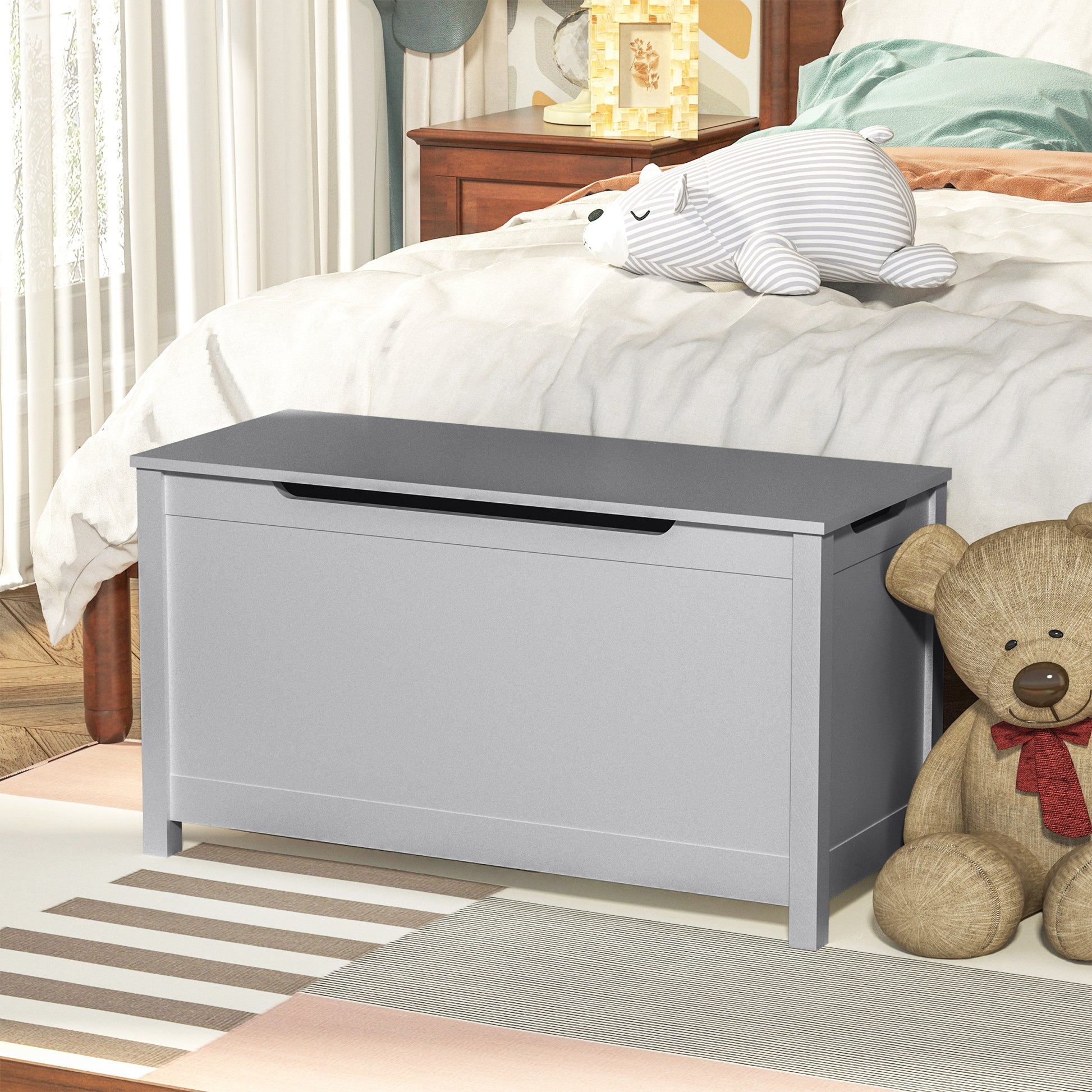 Kids Wooden Toy Box Storage with Safety Hinged Lid for Ages 3+ -Gray_3