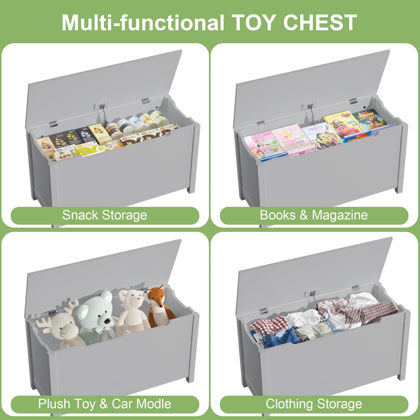 Kids Wooden Toy Box Storage with Safety Hinged Lid for Ages 3+ -Gray_7