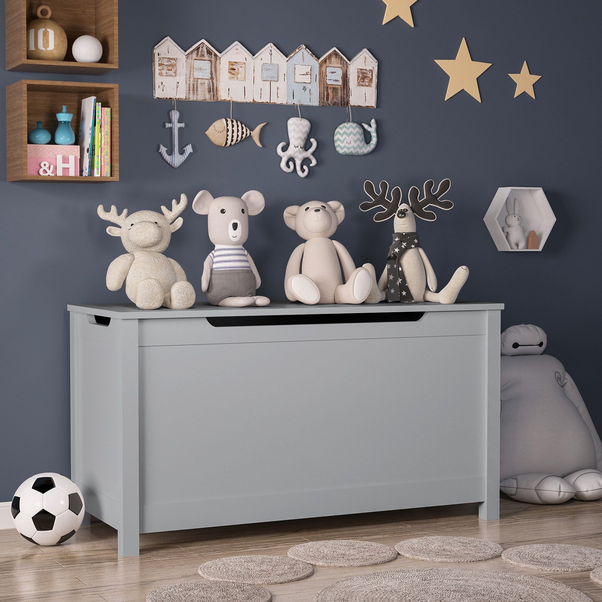 Kids Wooden Toy Box Storage with Safety Hinged Lid for Ages 3+ -Gray_2