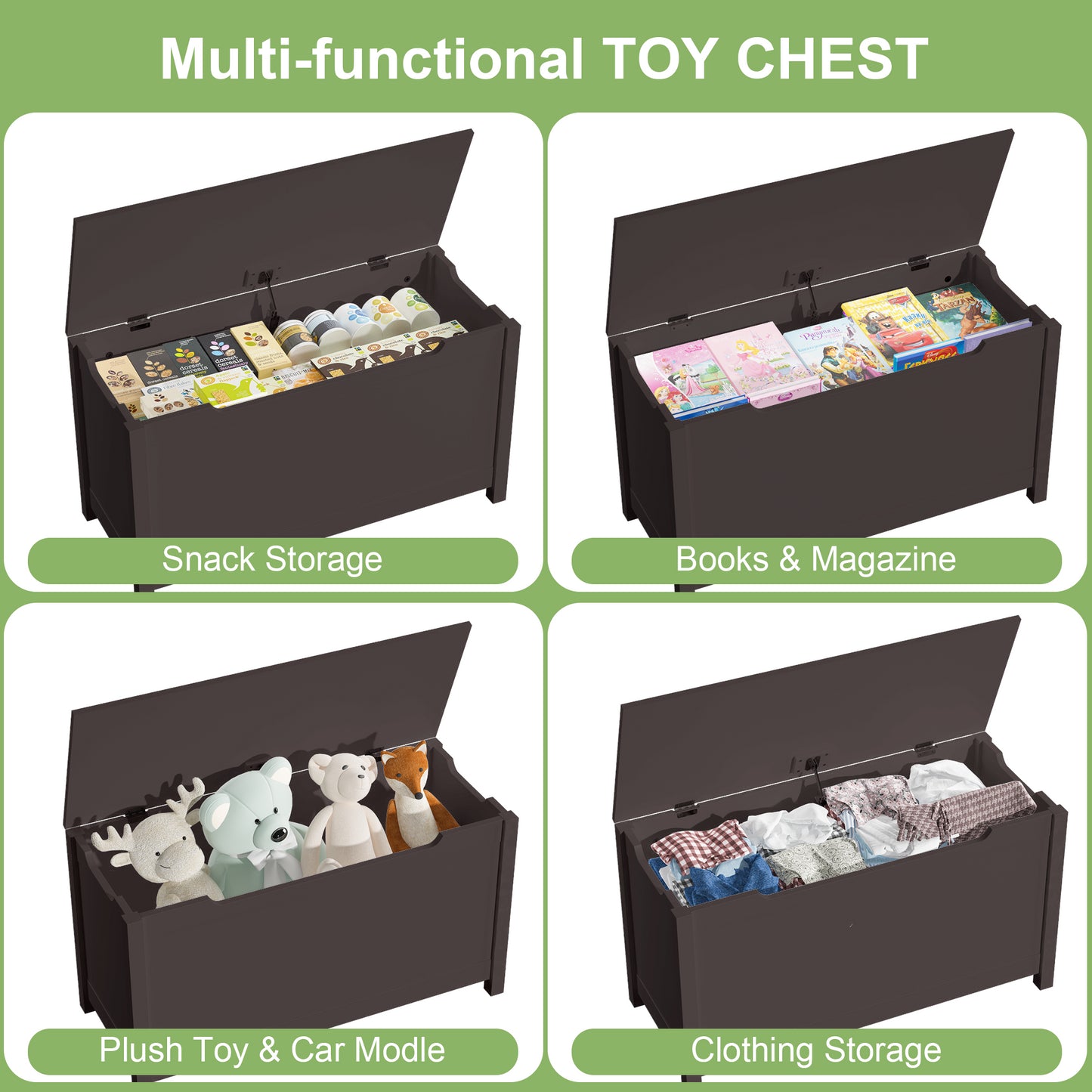 Kids Wooden Toy Box Storage with Safety Hinged Lid for Ages 3+ -Dark Brown_6