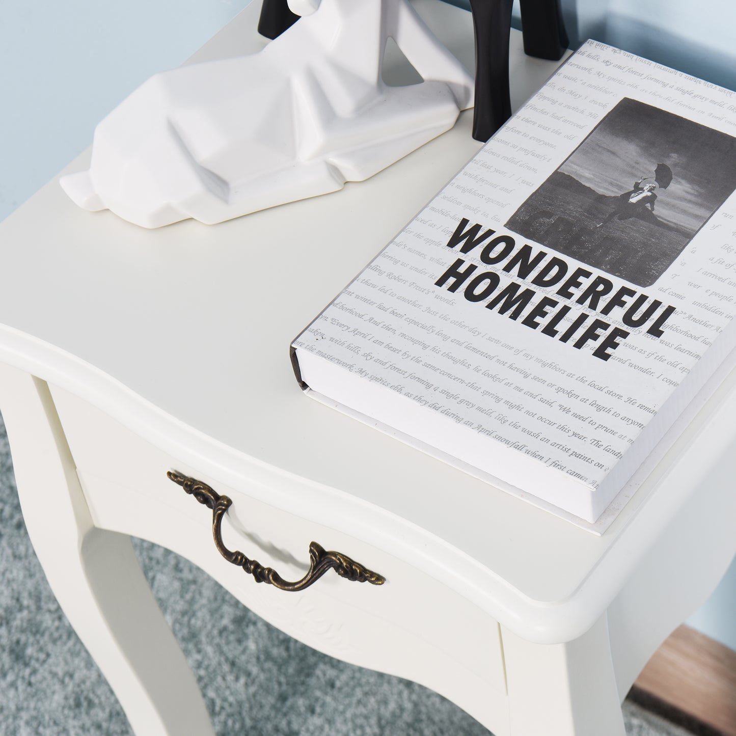 Modern and Elegant Floor Standing Bedside Table with Curved Legs and Drawer- White_6