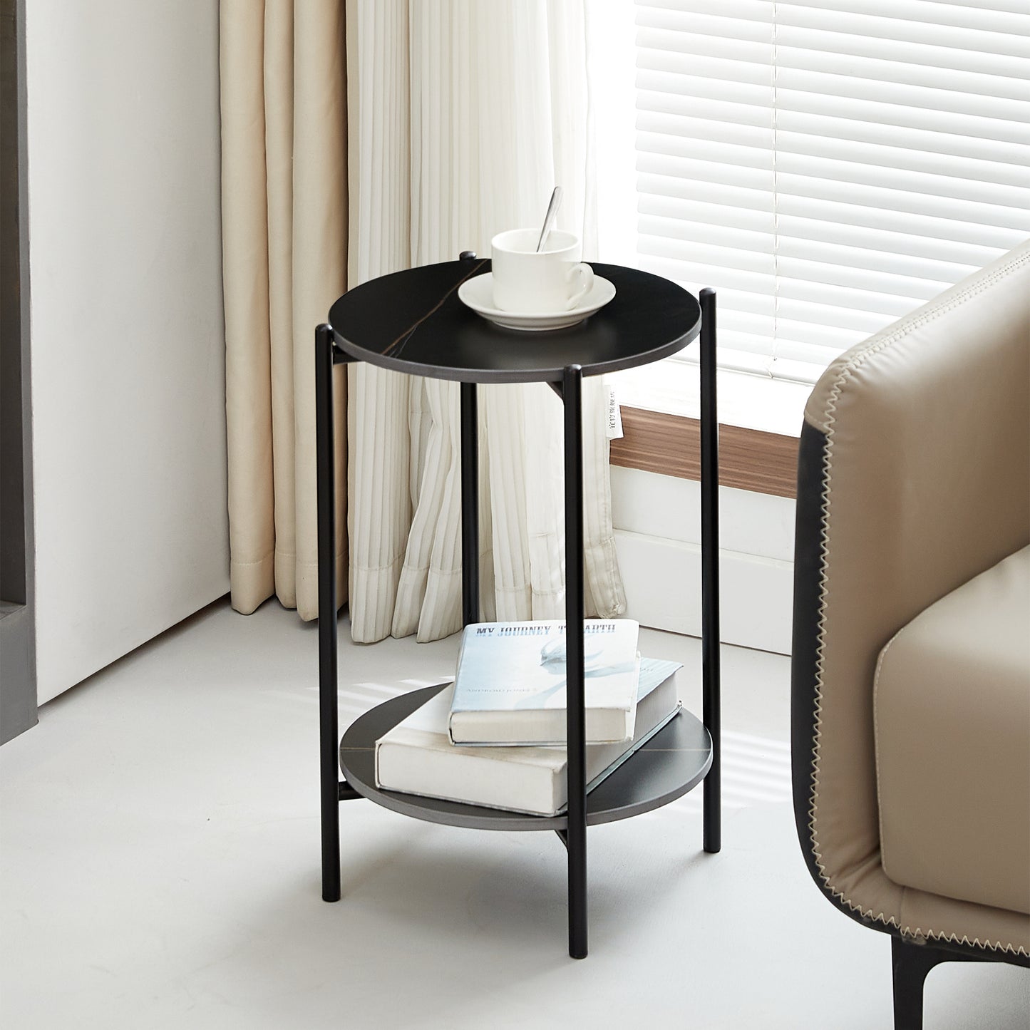 2-layer End Table with Whole Marble Tabletop, Round Coffee Table with Black Metal Frame for Bedroom Living Room Office (black,1 piece)_3