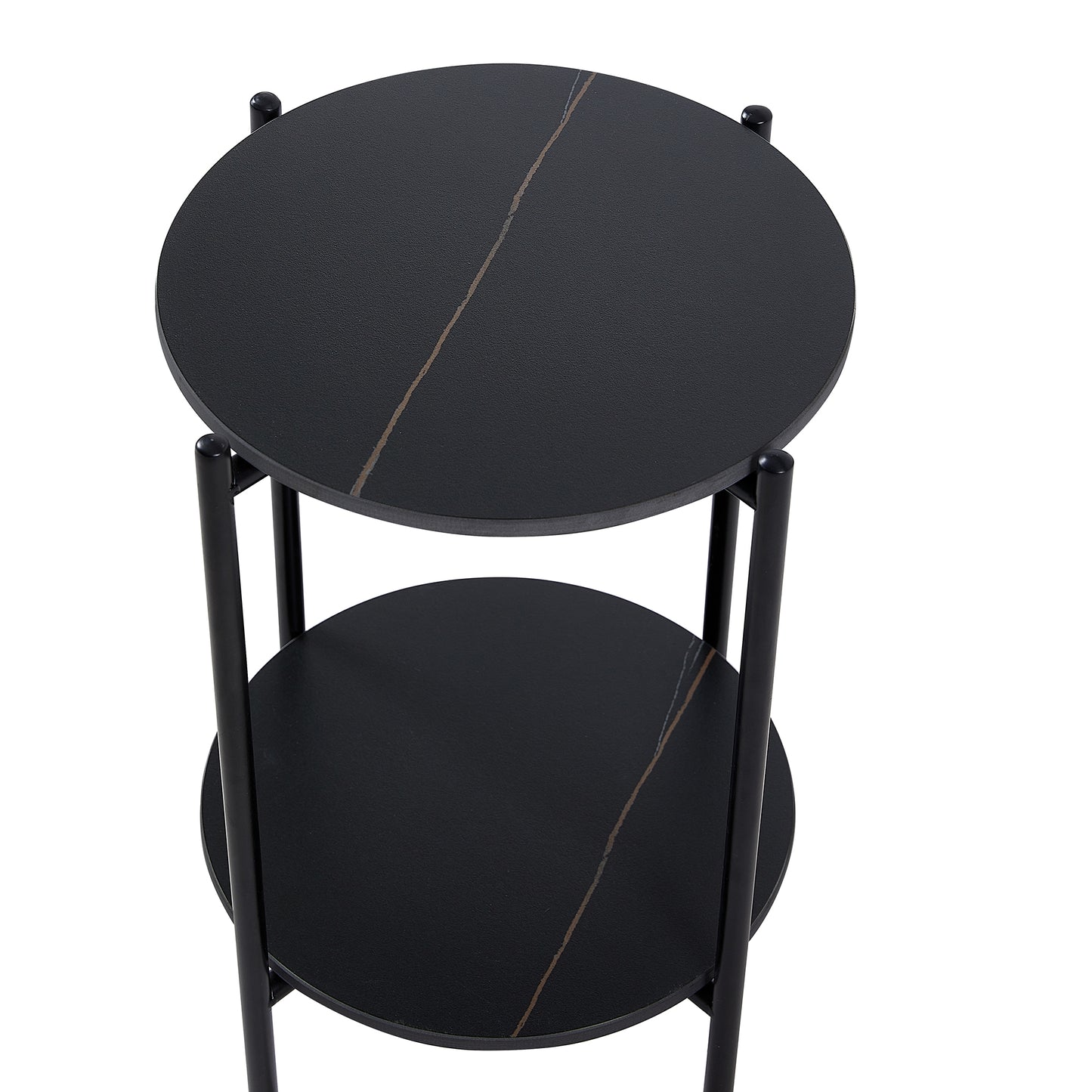 2-layer End Table with Whole Marble Tabletop, Round Coffee Table with Black Metal Frame for Bedroom Living Room Office (black,1 piece)_2