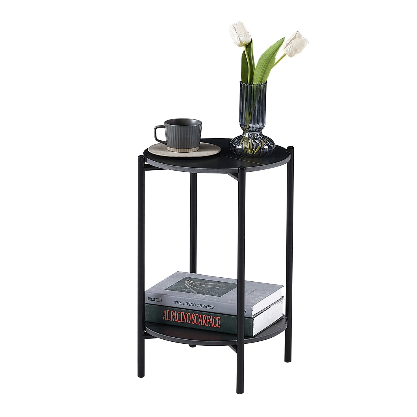 2-layer End Table with Whole Marble Tabletop, Round Coffee Table with Black Metal Frame for Bedroom Living Room Office (black,1 piece)_5