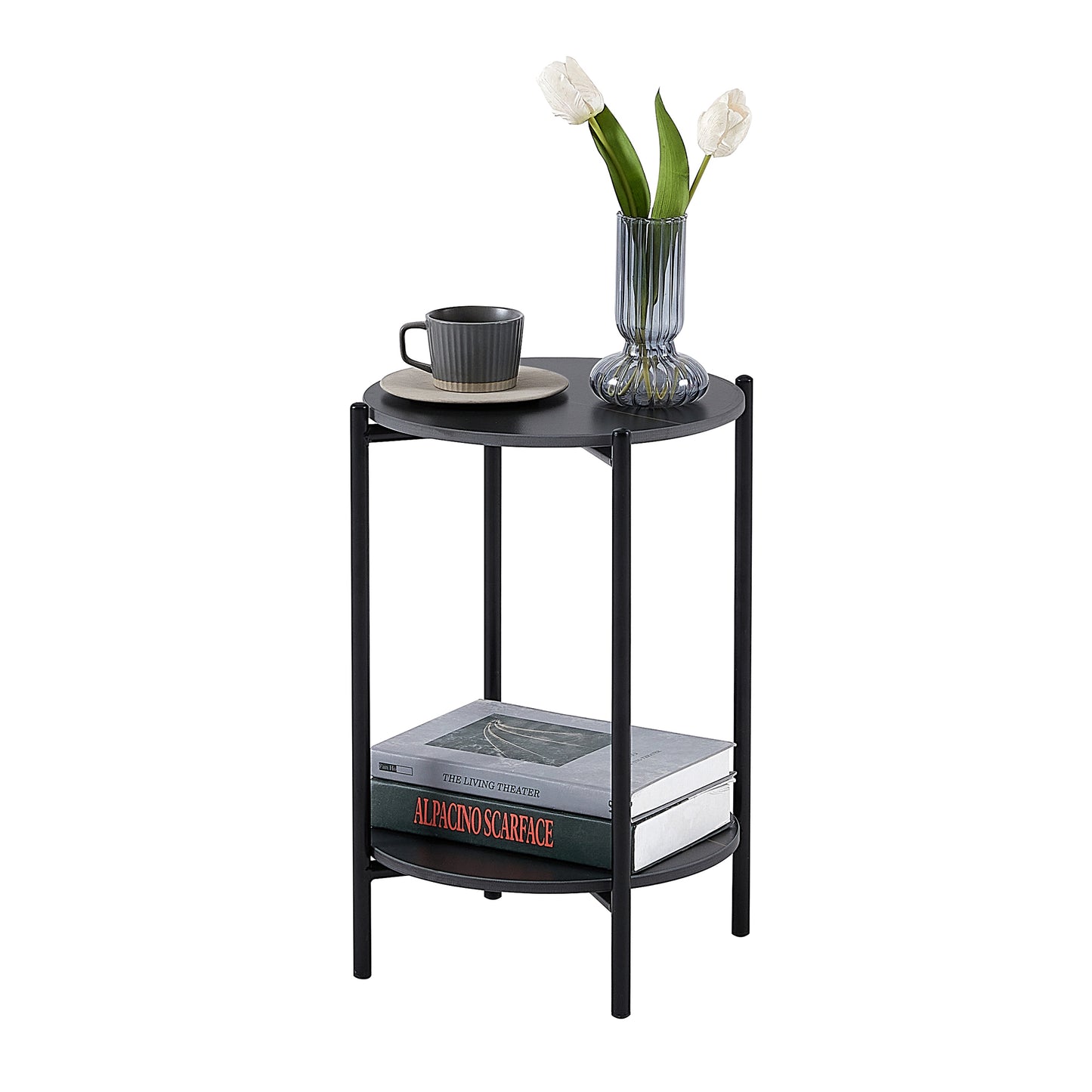 2-layer End Table with Whole Marble Tabletop, Round Coffee Table with Black Metal Frame for Bedroom Living Room Office (black,1 piece)_9