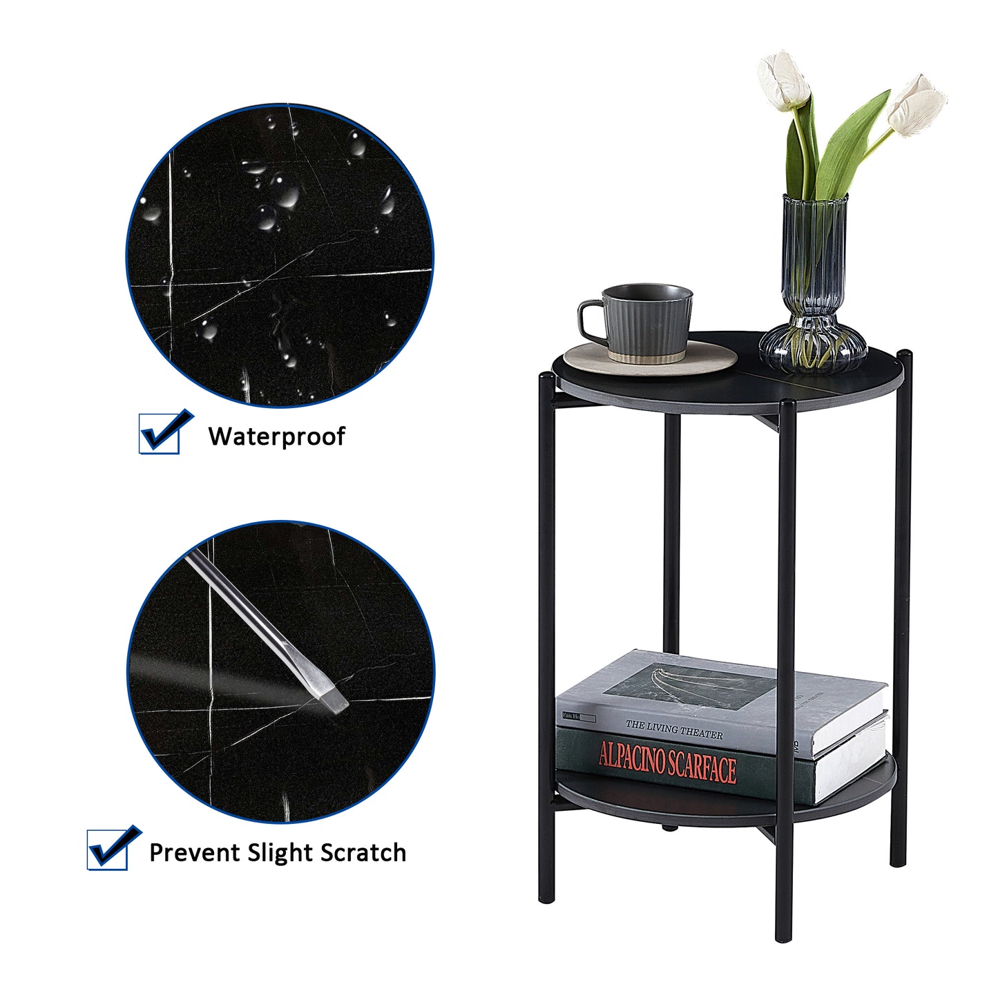 2-layer End Table with Whole Marble Tabletop, Round Coffee Table with Black Metal Frame for Bedroom Living Room Office (black,1 piece)_12