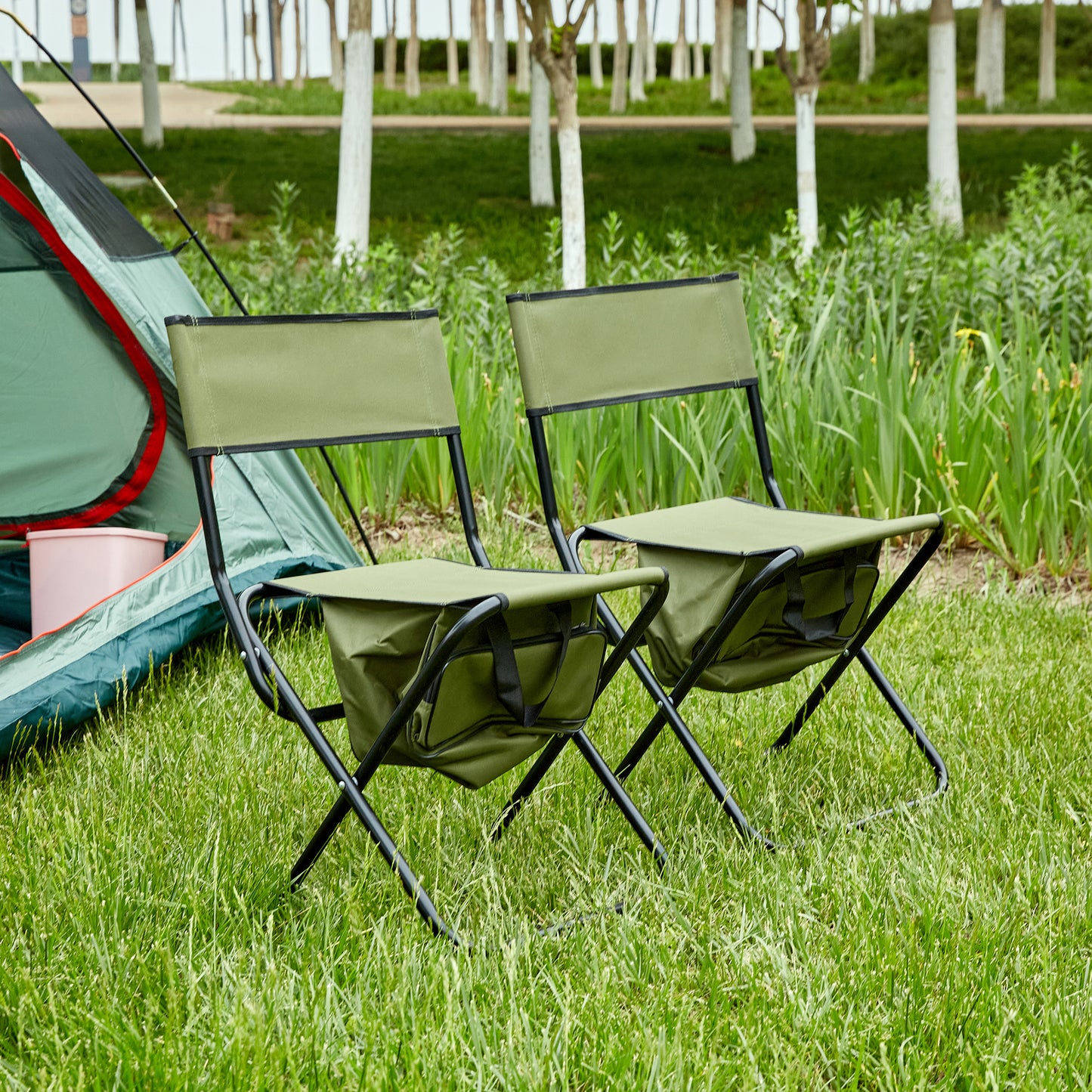 2 Pcs/Set Portable Folding Outdoor Camping Chair with Storage Bag- Green_2
