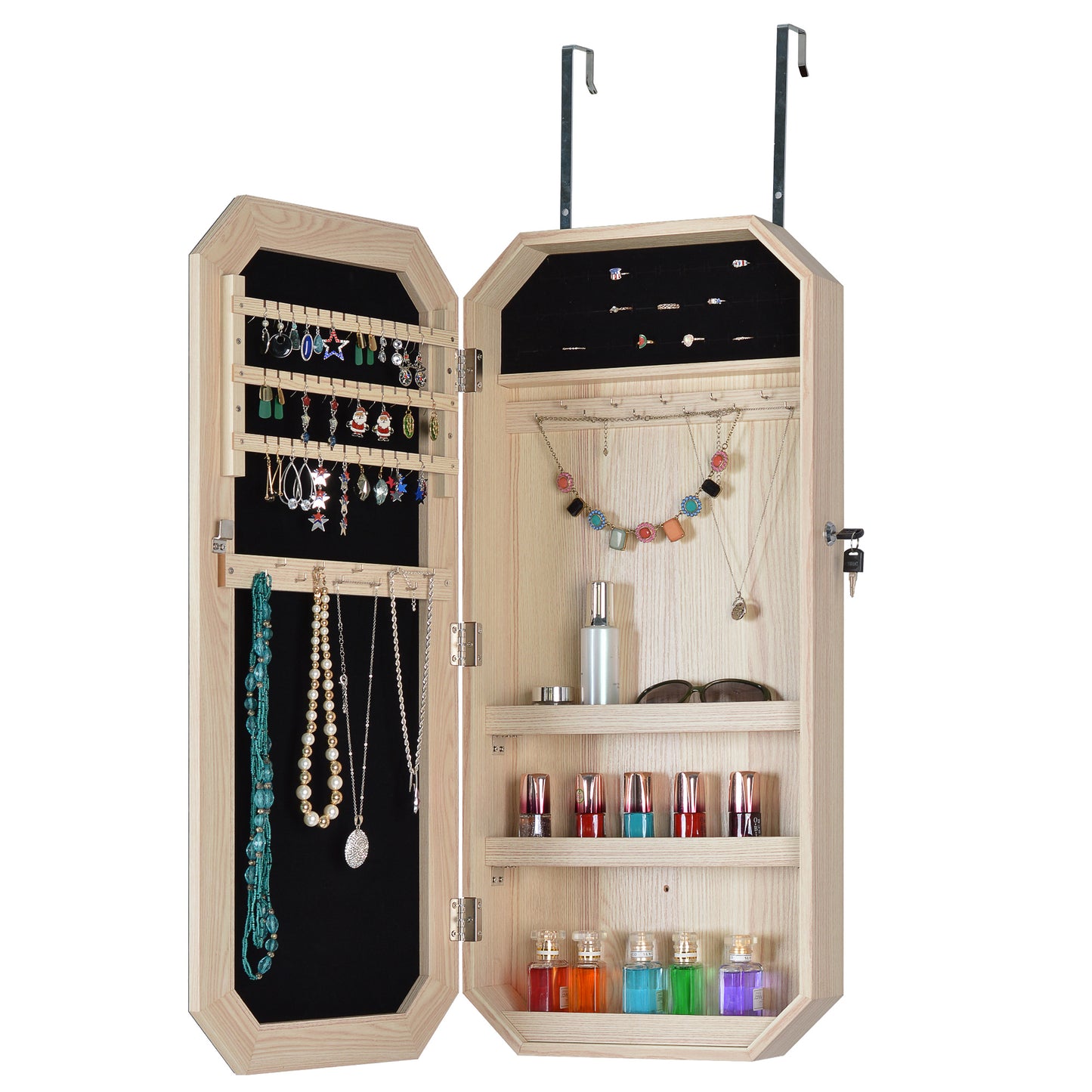 Fashionable Octagon Rimmed Mirror and Jewelry Storage Cabinet- Natural_1