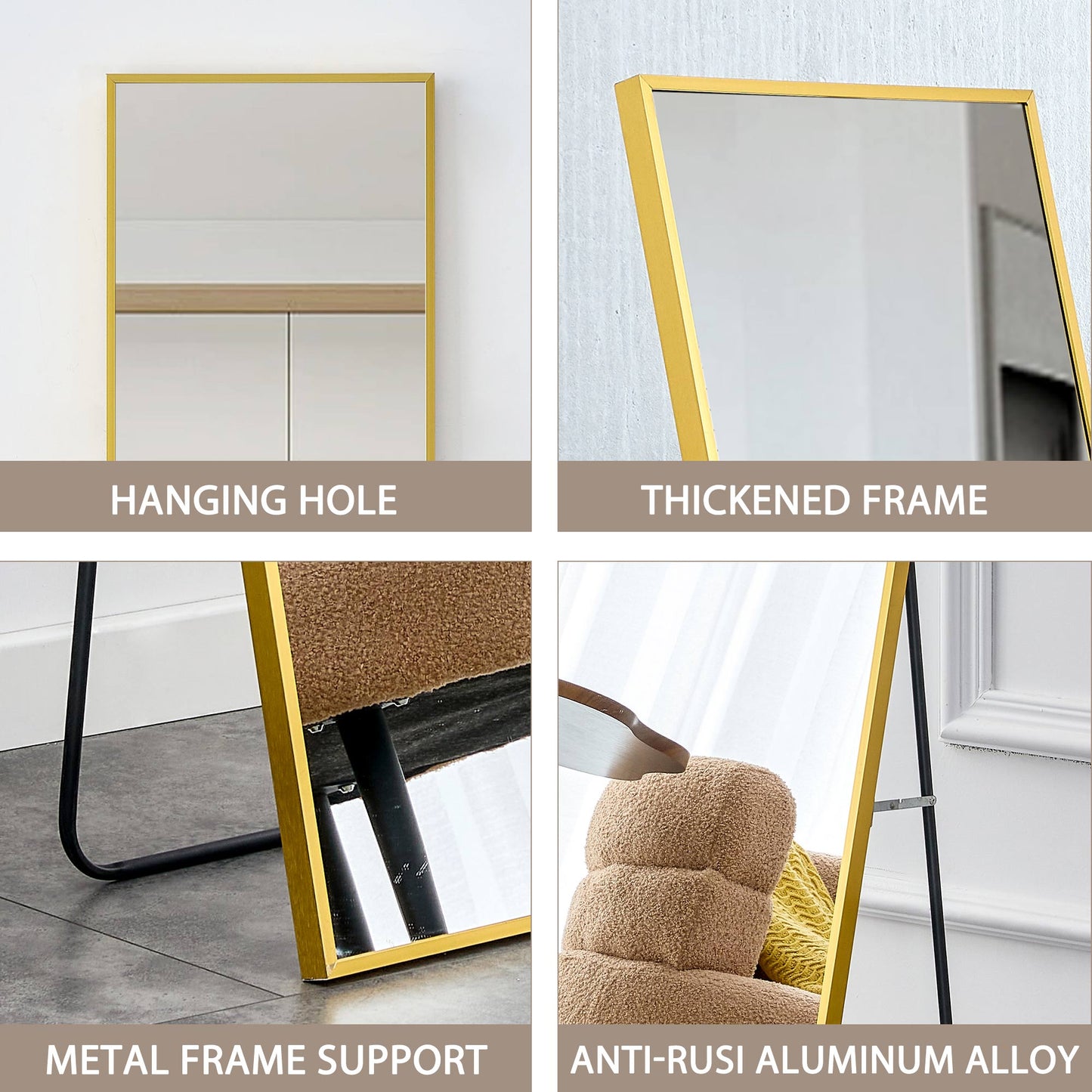 Wall Mounted Full-Length Body Mirror with Aluminum Alloy Metal Frame- Golden_9