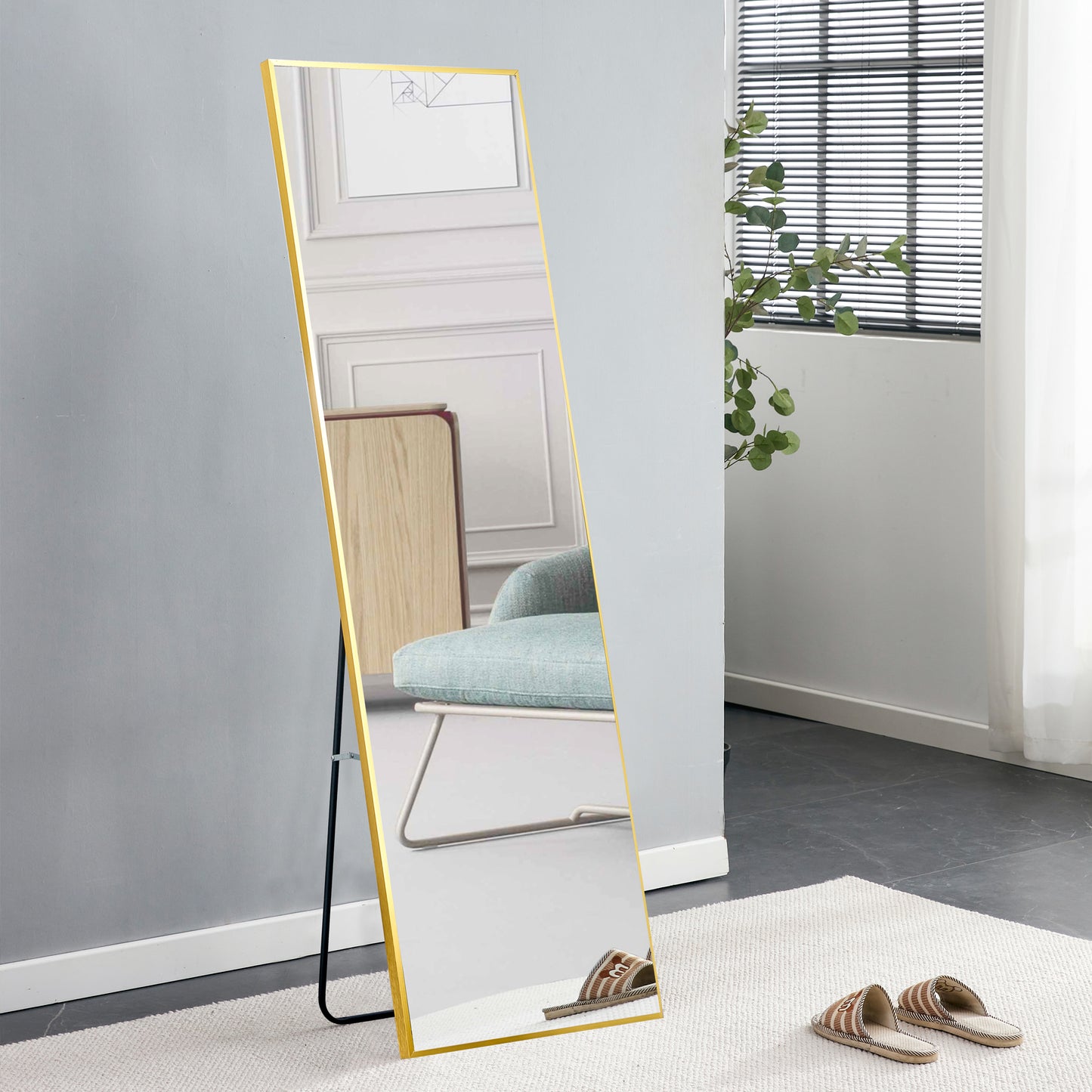 Wall Mounted Full-Length Body Mirror with Aluminum Alloy Metal Frame- Golden_1