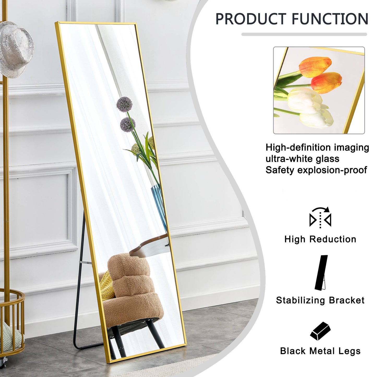 Wall Mounted Full-Length Body Mirror with Aluminum Alloy Metal Frame- Golden_8