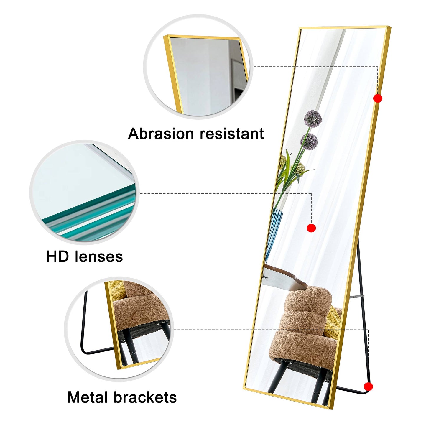Wall Mounted Full-Length Body Mirror with Aluminum Alloy Metal Frame- Golden_7