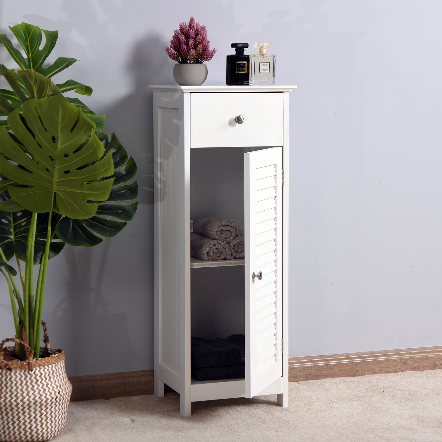 1 Drawer Free Standing Single Shutter Storage Cabinet for Bedroom and Bathroom- White_1