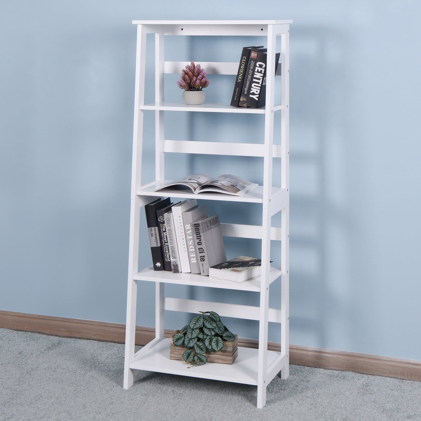 5 Tier Wooden Staircase Bookcase Ladder Designed Storage Rack- White_7
