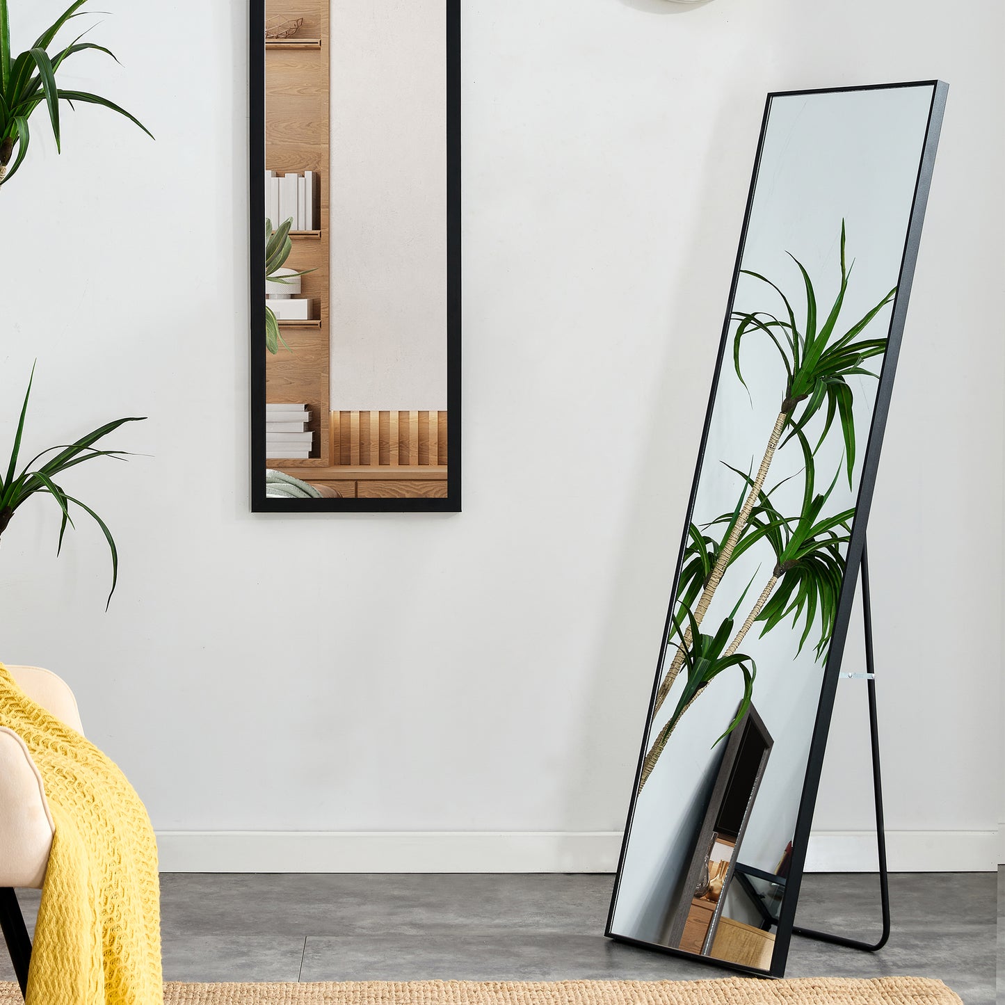 Full-Length Body Mirror with Wooden Frame and Stand Dressing Mirror- Black_3