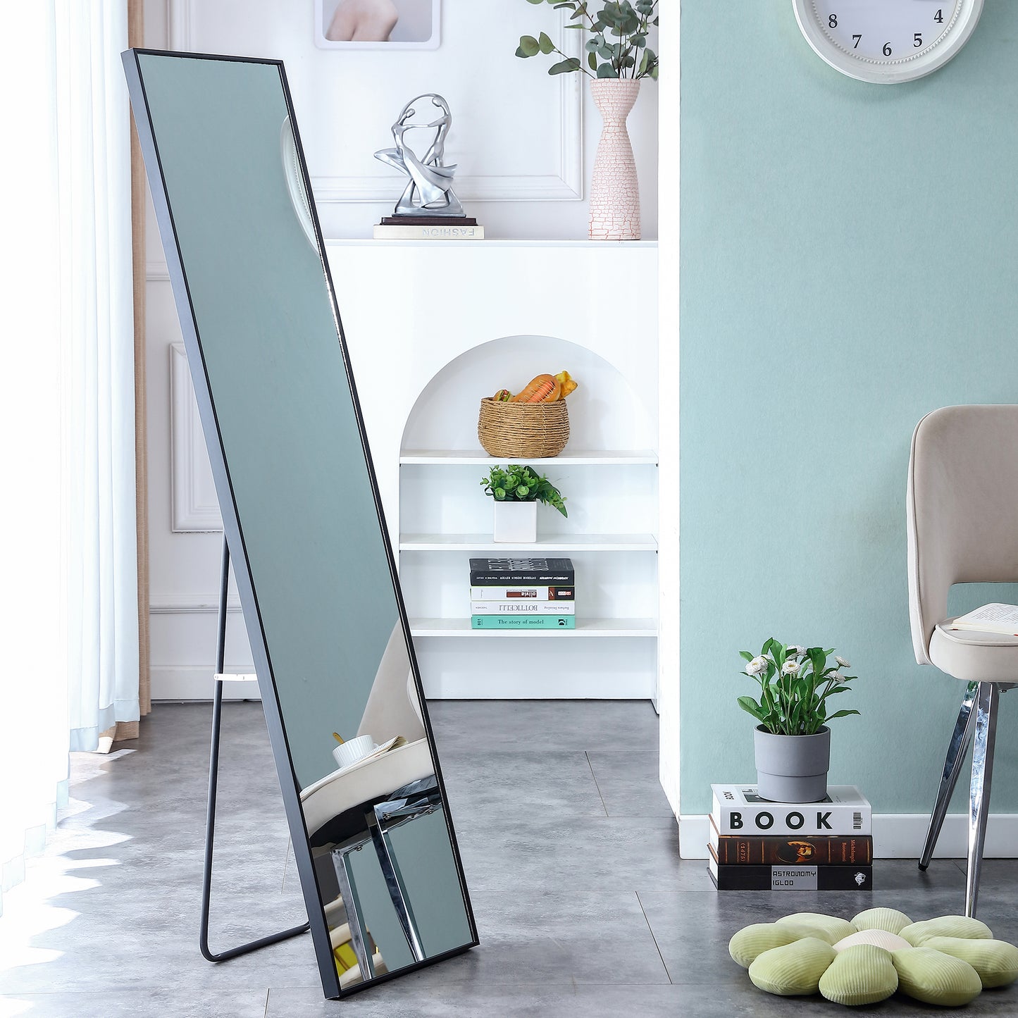 Full-Length Body Mirror with Wooden Frame and Stand Dressing Mirror- Black_8