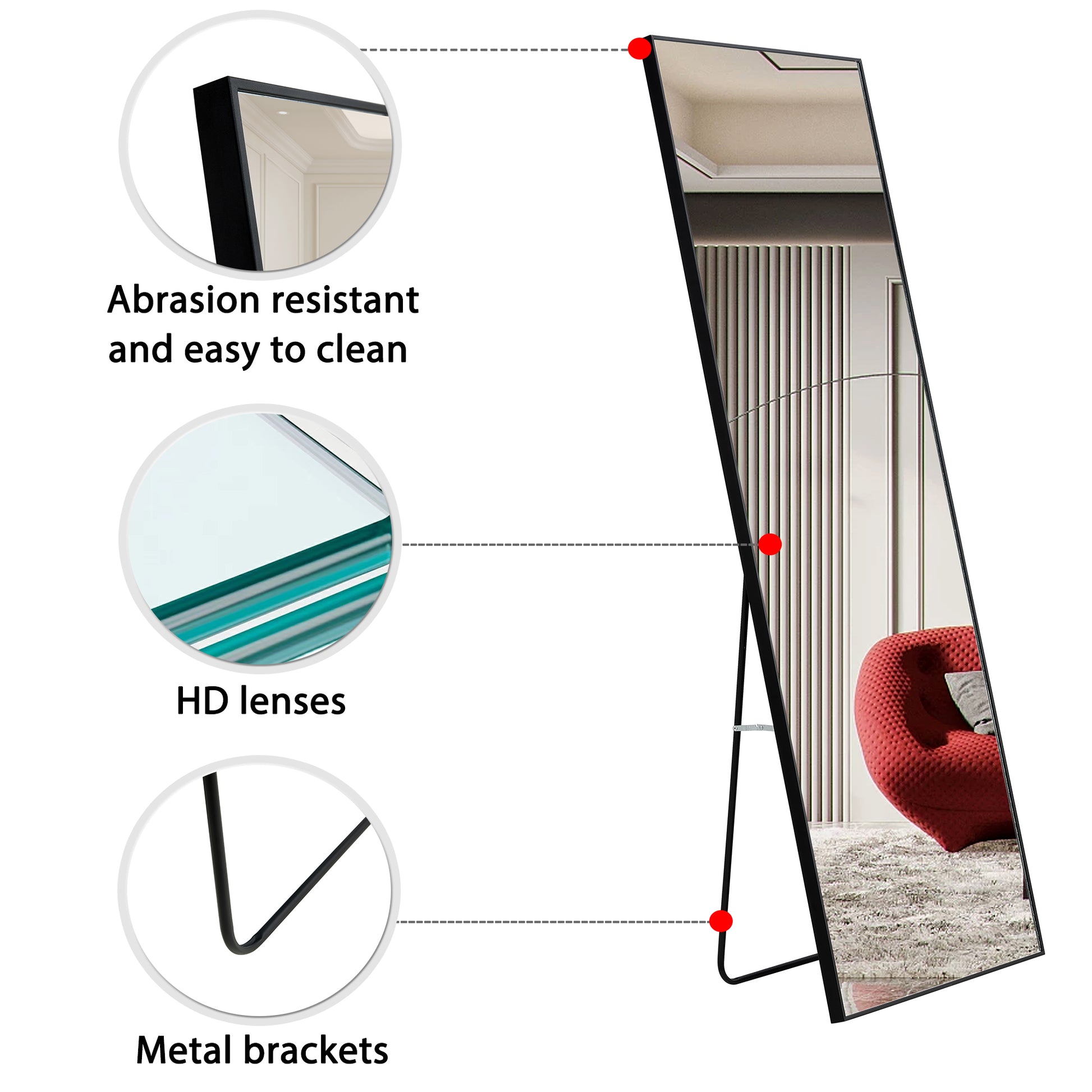 Full-Length Body Mirror with Wooden Frame and Stand Dressing Mirror- Black_23