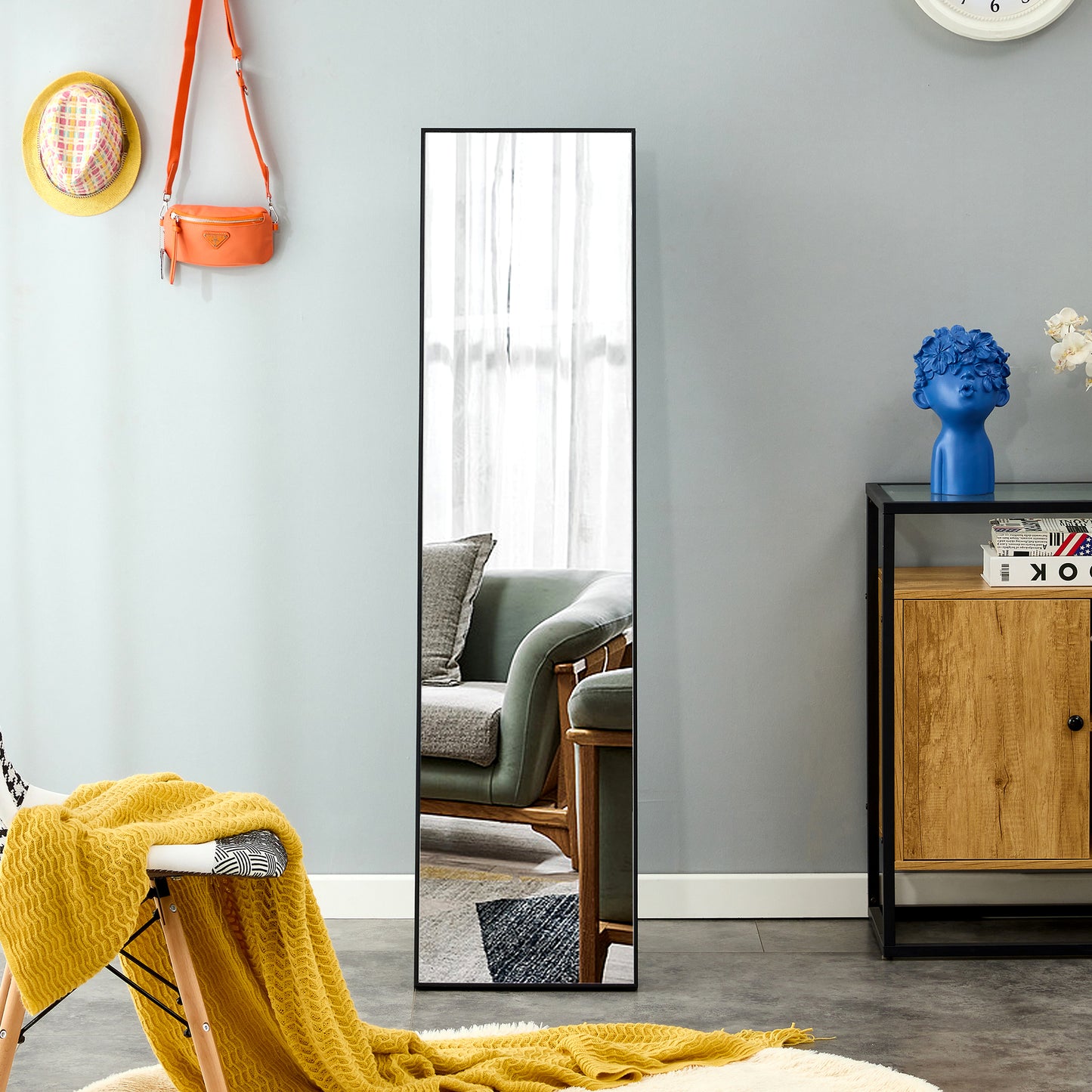 Full-Length Body Mirror with Wooden Frame and Stand Dressing Mirror- Black_1