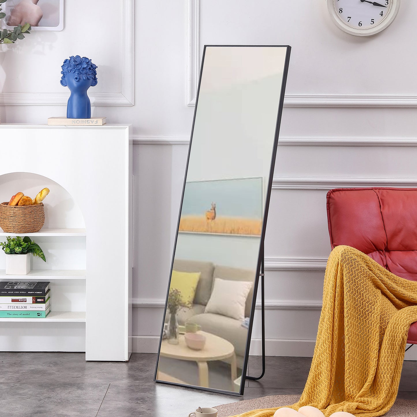 Full-Length Body Mirror with Wooden Frame and Stand Dressing Mirror- Black_6