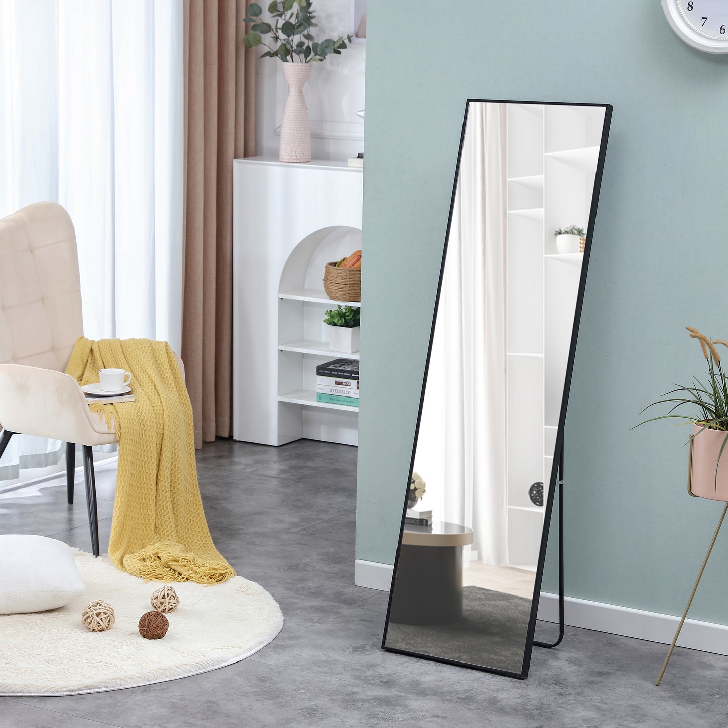 Full-Length Body Mirror with Wooden Frame and Stand Dressing Mirror- Black_2