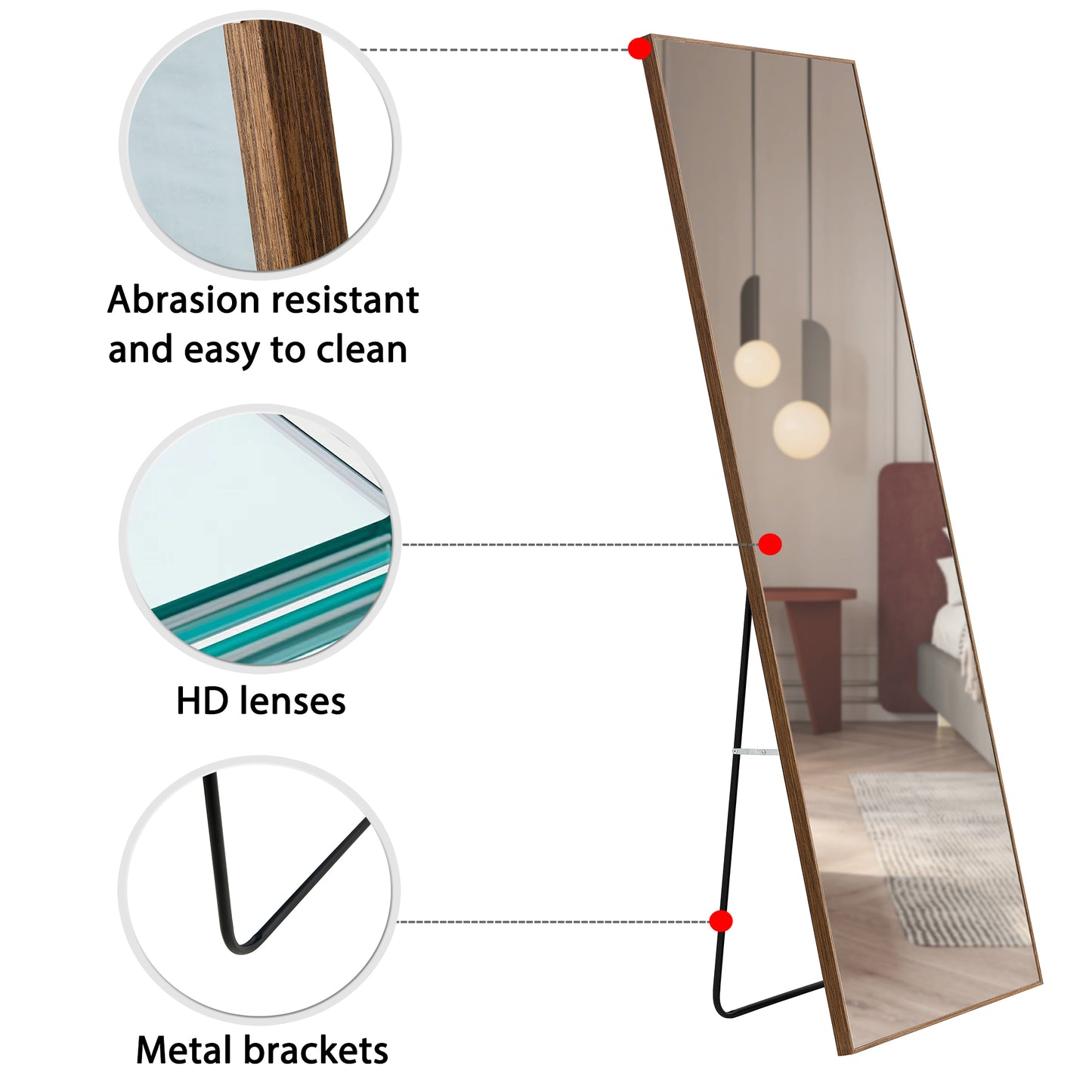 Full-Length Body Dressing Mirror with Solid Wooden Frame and Stand- Brown_17