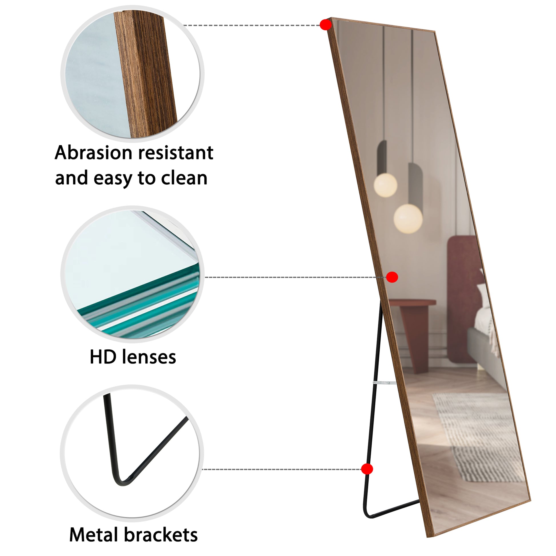 Full-Length Body Dressing Mirror with Solid Wooden Frame and Stand- Brown_17