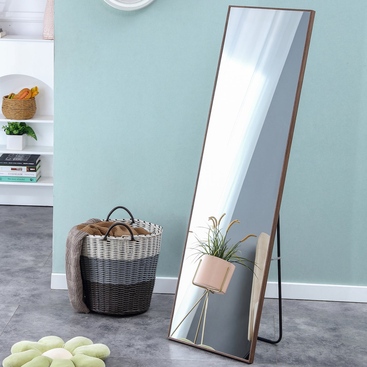 Full-Length Body Dressing Mirror with Solid Wooden Frame and Stand- Brown_5