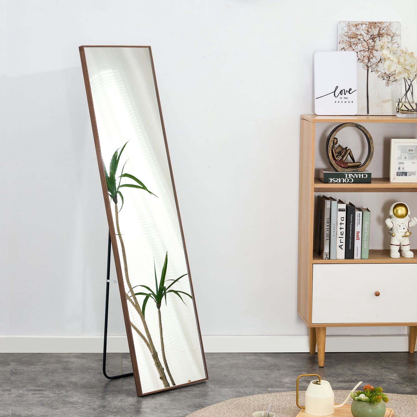 Full-Length Body Dressing Mirror with Solid Wooden Frame and Stand- Brown_3