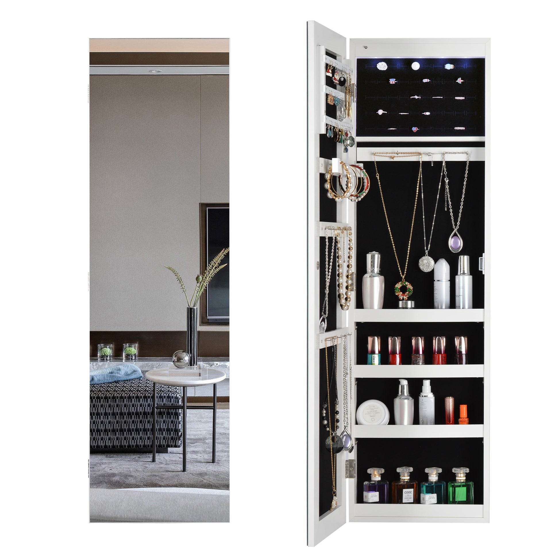 Full Body Mirror and Jewelry Case Storage Cabinet with LED Light- White_4