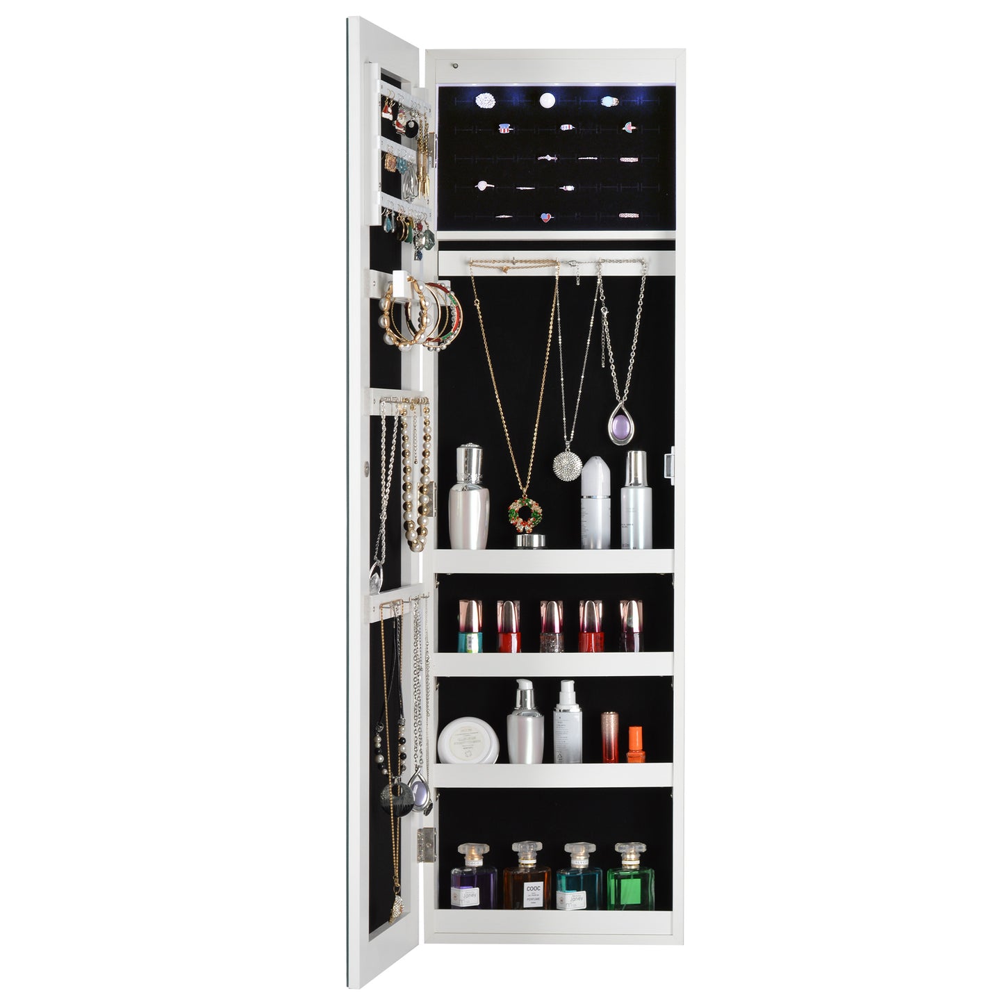 Full Body Mirror and Jewelry Case Storage Cabinet with LED Light- White_3