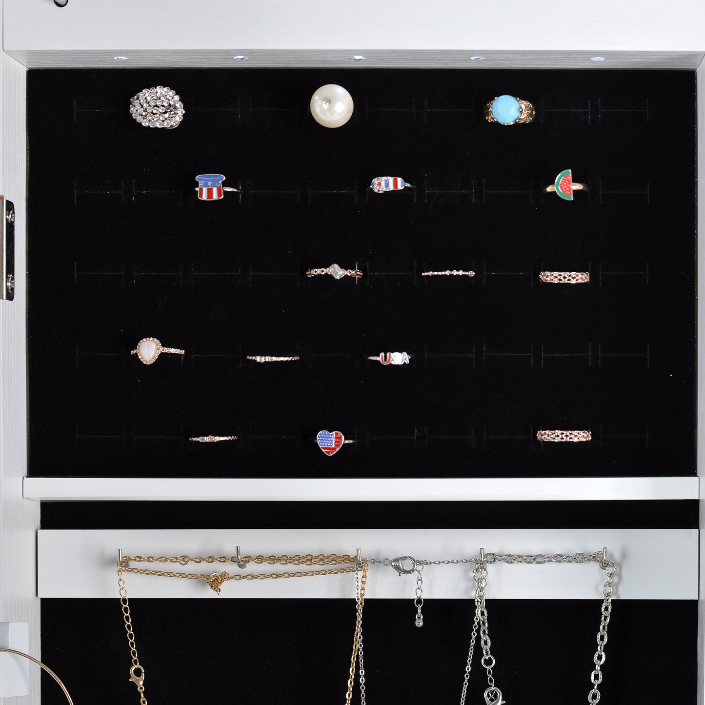 Full Body Mirror and Jewelry Case Storage Cabinet with LED Light- White_11